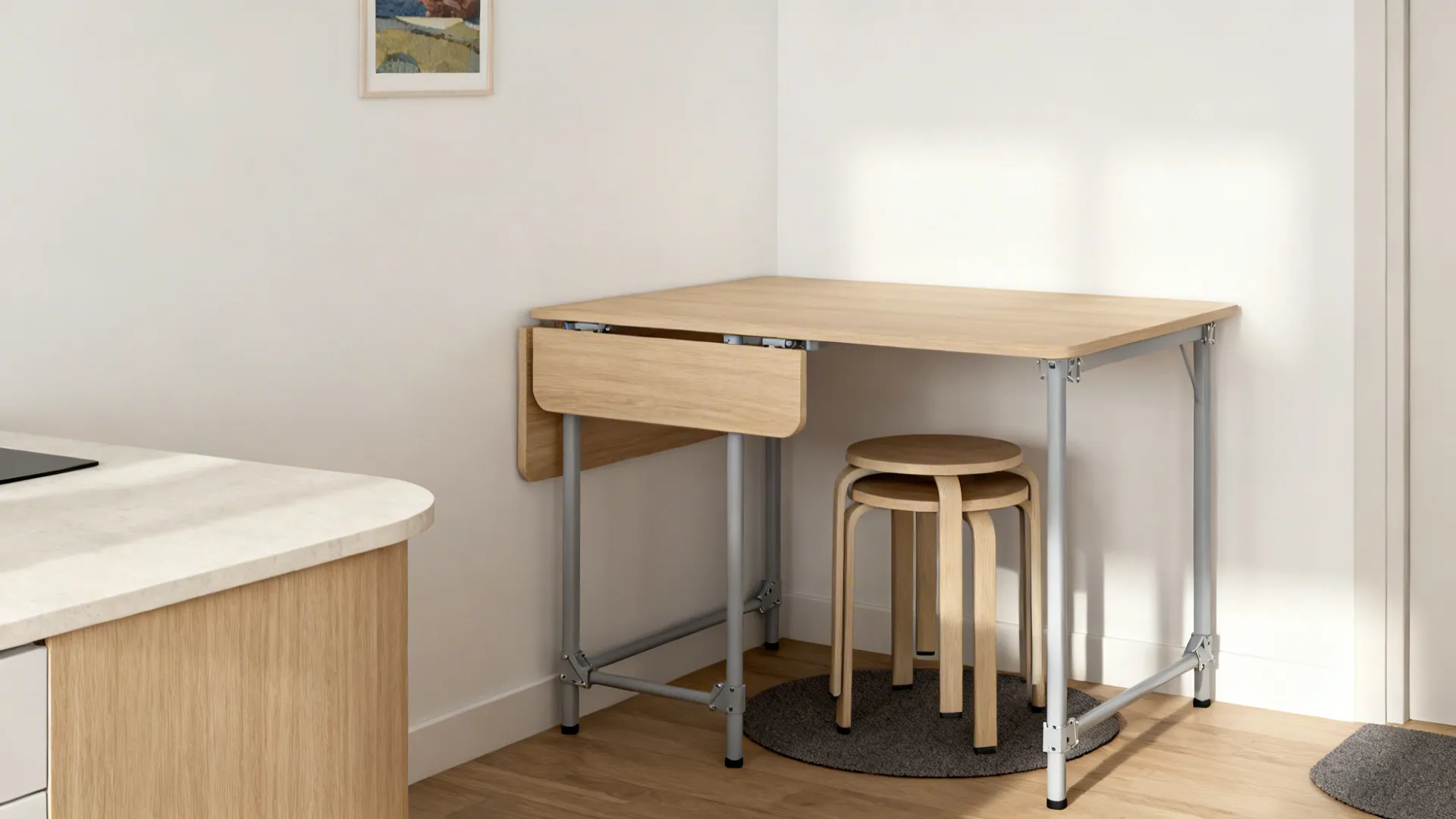 Minimalist drop-leaf table with two stackable stools in a small kitchen corner.