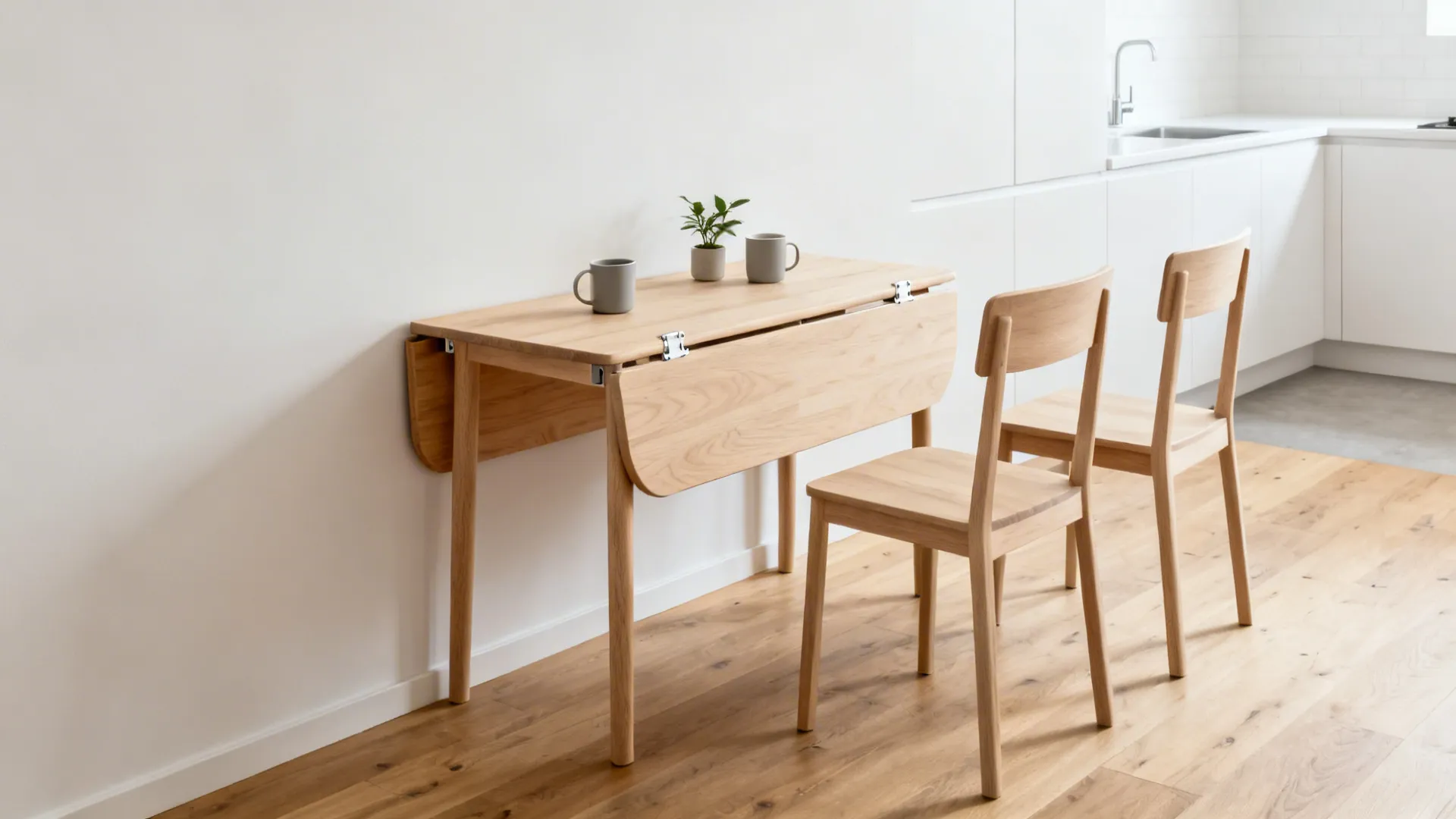 Minimalist birch drop-leaf dining table in a small kitchen with one leaf extended.