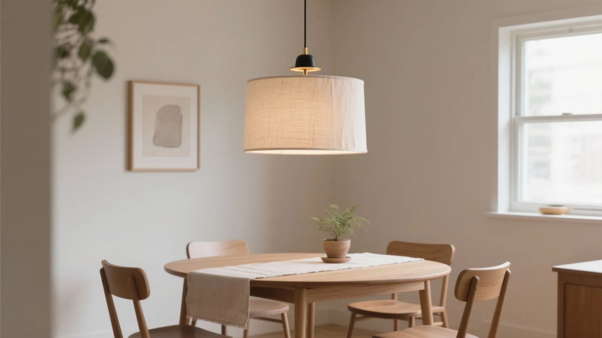 Minimalist dining room featuring a round wooden table wooden chairs and a large beige light