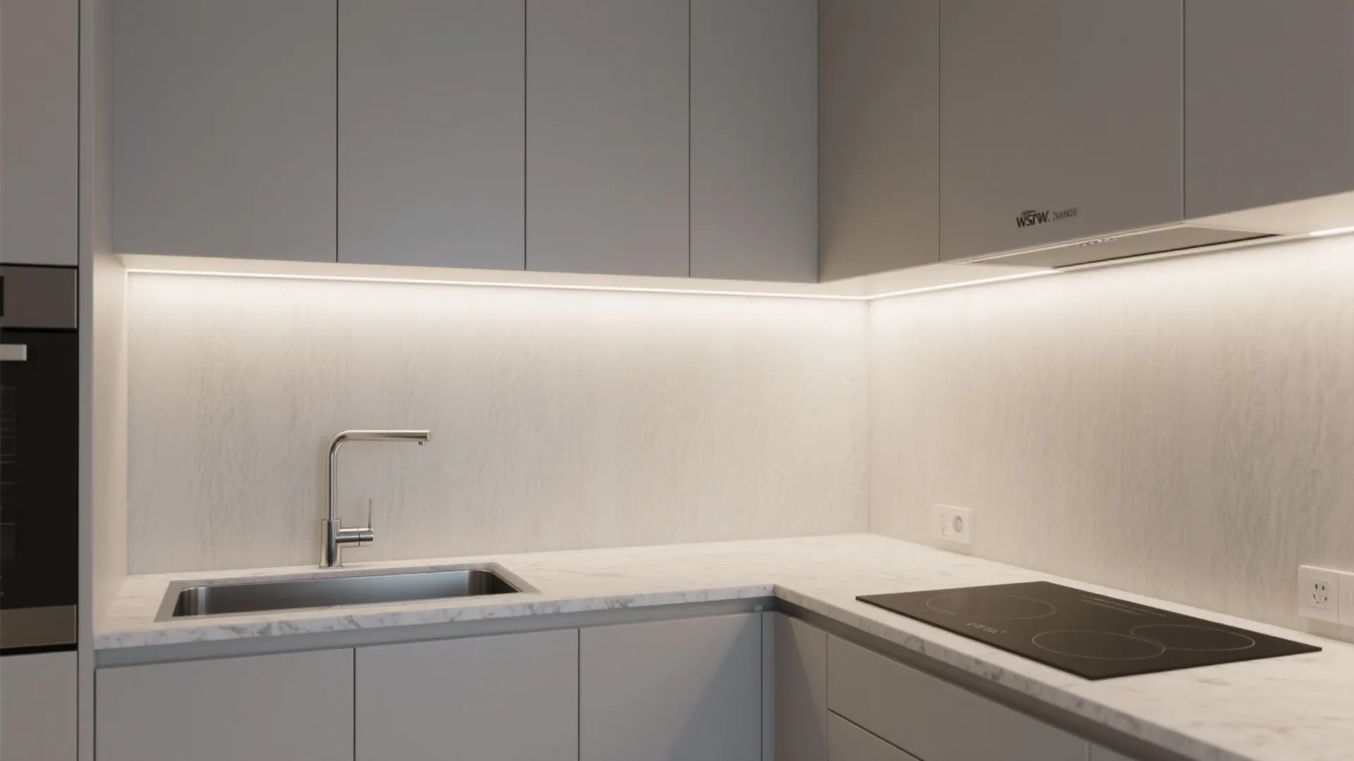 Minimalist Edge-Lit Backsplash with Textured Wallpaper