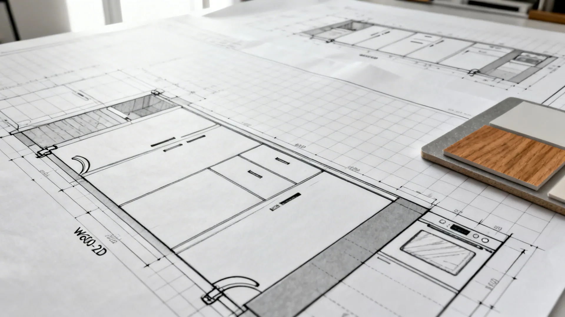 Minimalist cabinet elevation drawings with door swings and clearances pinned on a studio wall.