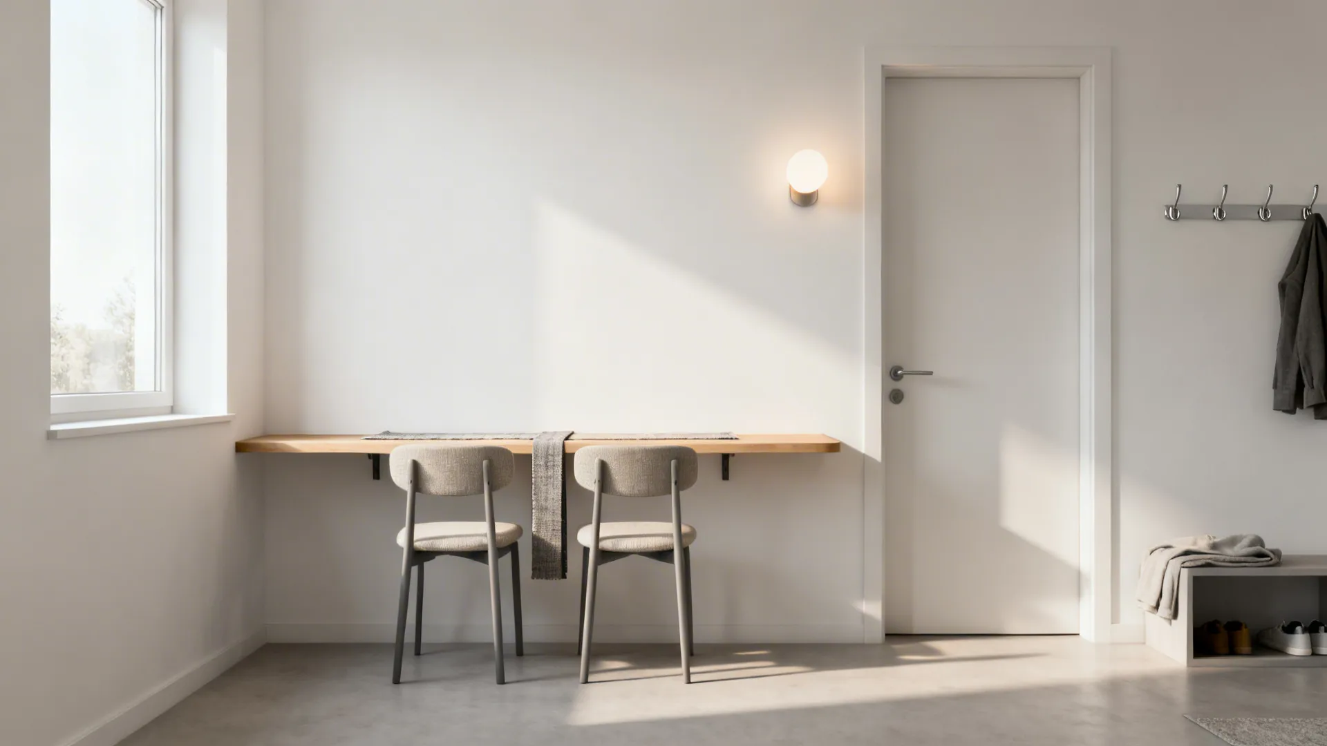 Minimalist slim dining table by the entry with two stackable chairs and a narrow runner.