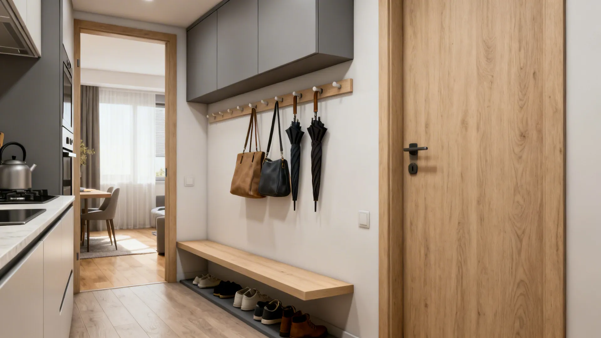 Small kitchen entry with shallow wall cabinet, peg rail, and floating bench for clear circulation.