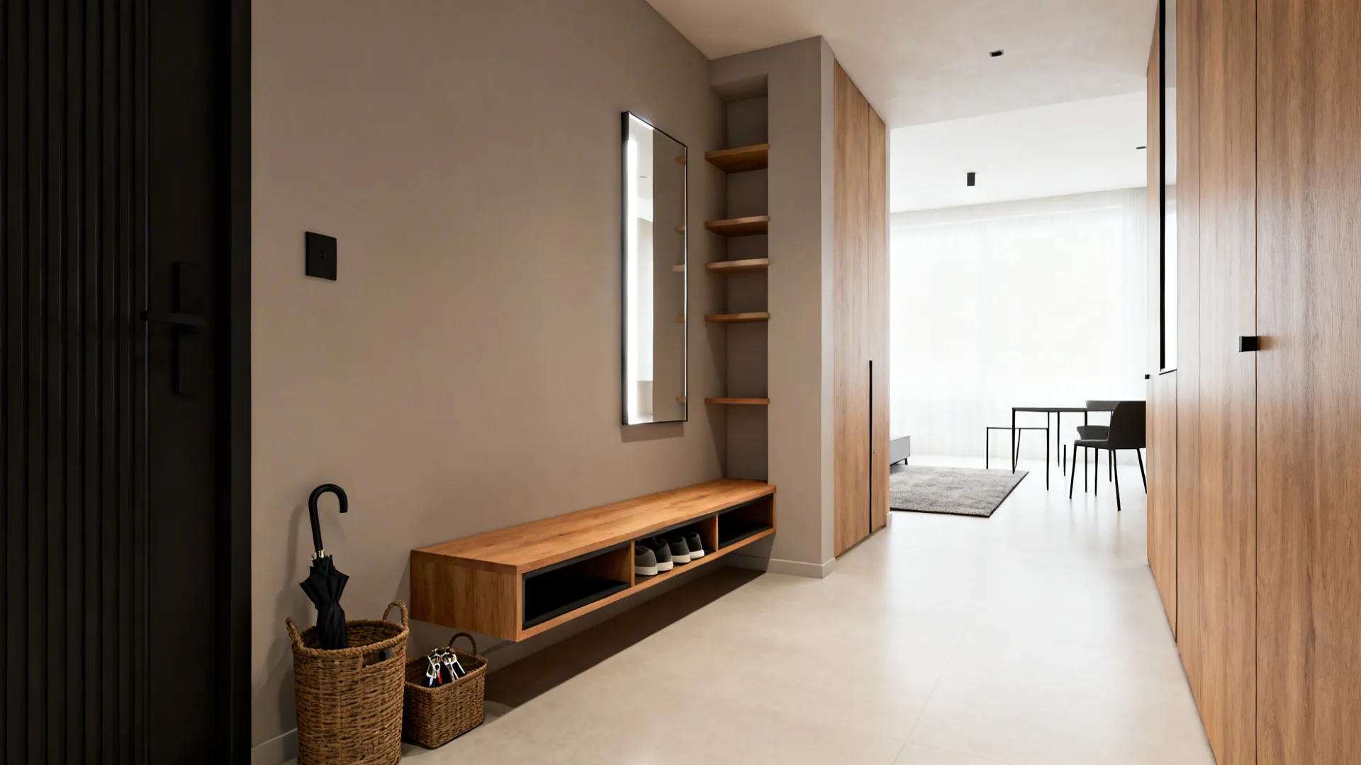 1) Minimalist Zoning with a Slim Entry Bench and Open Shelves