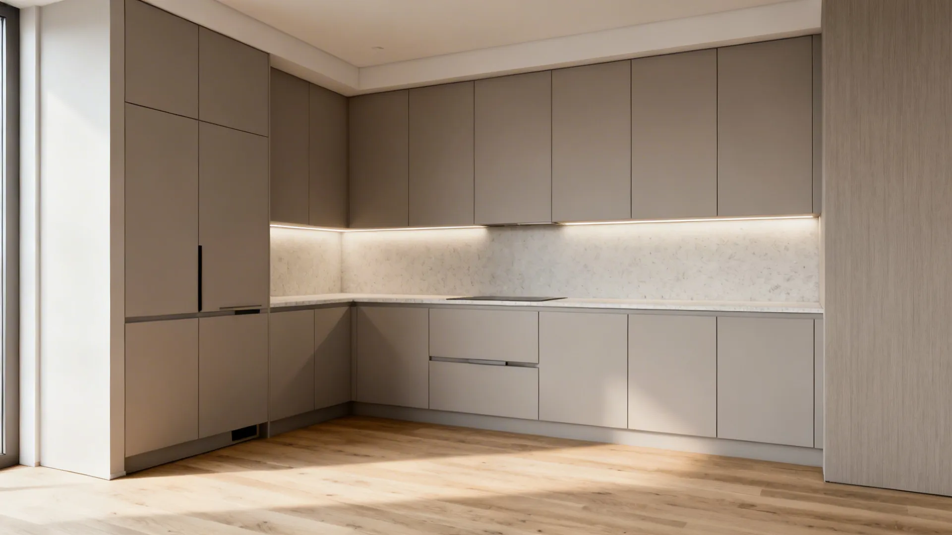 Minimalist small kitchen with flat matte fiber cabinet doors and clean reveals under soft lighting.