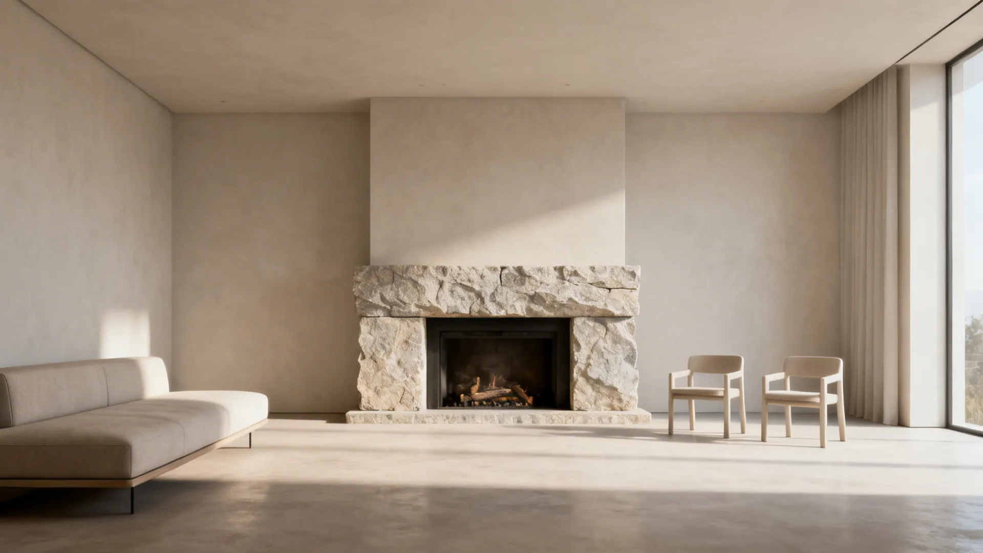 Minimal seating arranged around a fireplace focal material, creating airy breathing room