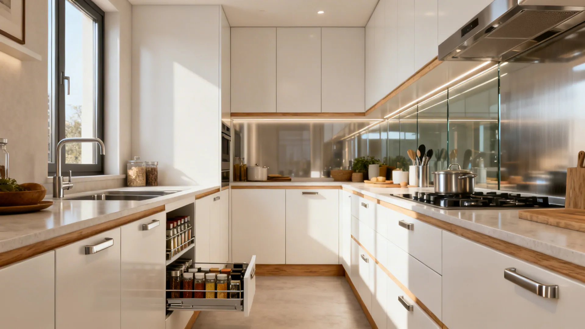 Minimalist galley kitchen with slim pull-outs, shallow pantry, and a reflective glass backsplash.