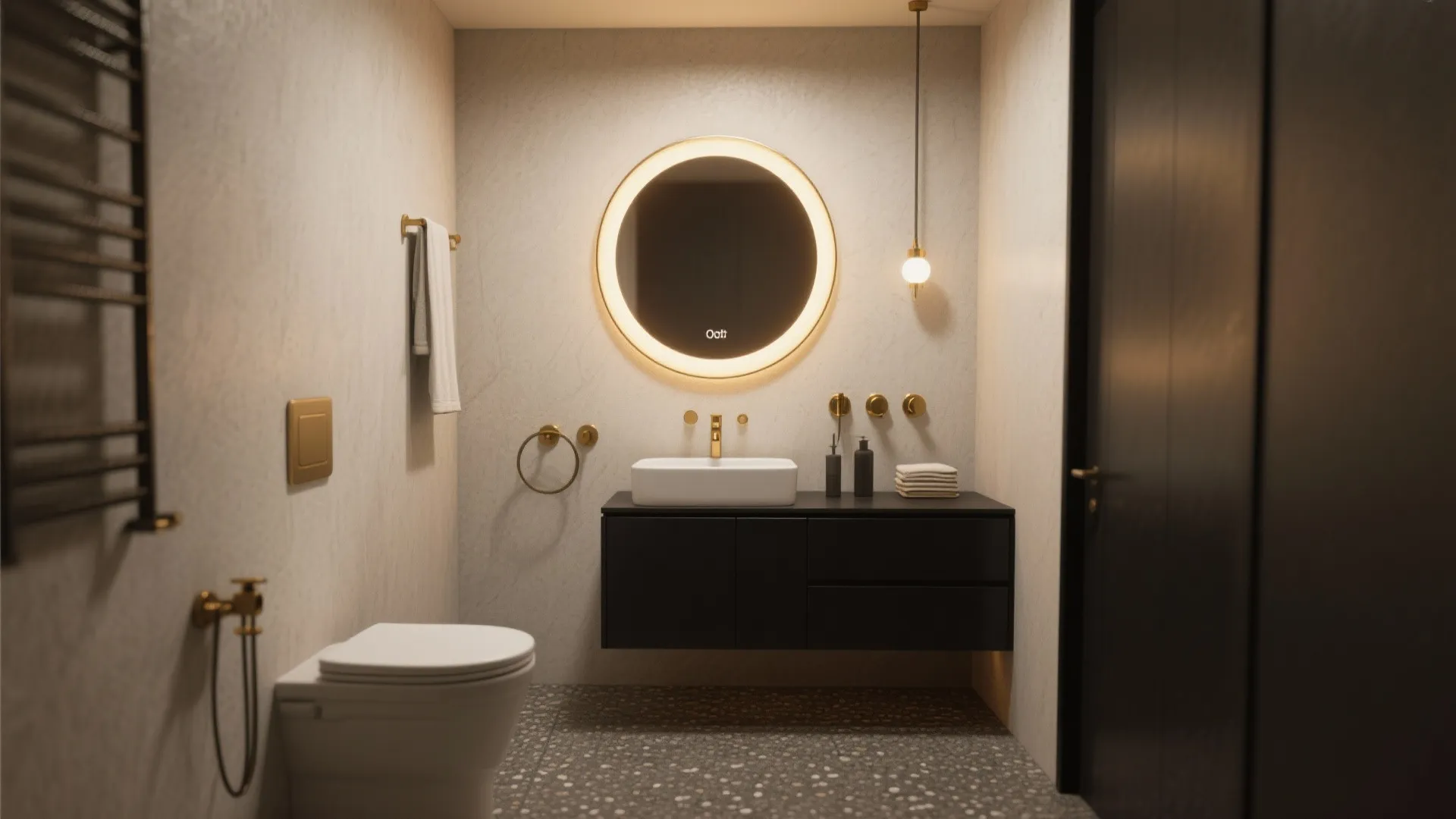Minimal fixtures, bold hardware, and a curated mirror