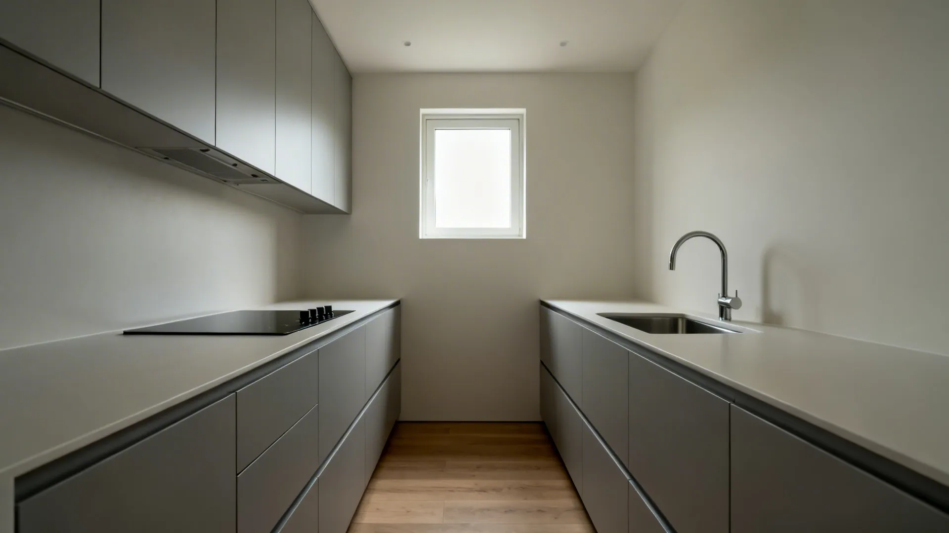 Compact HDB kitchen with matte handleless flat-panel cabinets and aligned reveals.