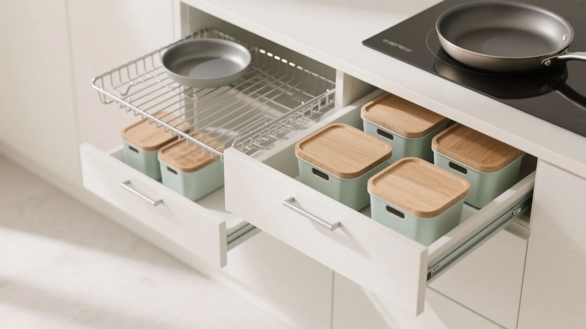 Open kitchen drawers with green storage containers wooden lids a metal drying rack and black stovetop