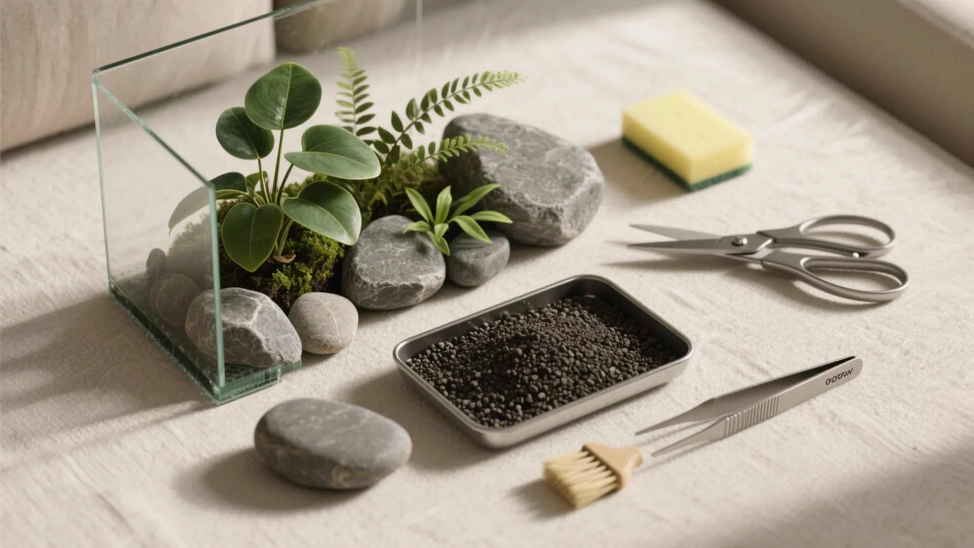 Small glass plant tank with gardening tools including scissors brush tweezers soil tray and sponge