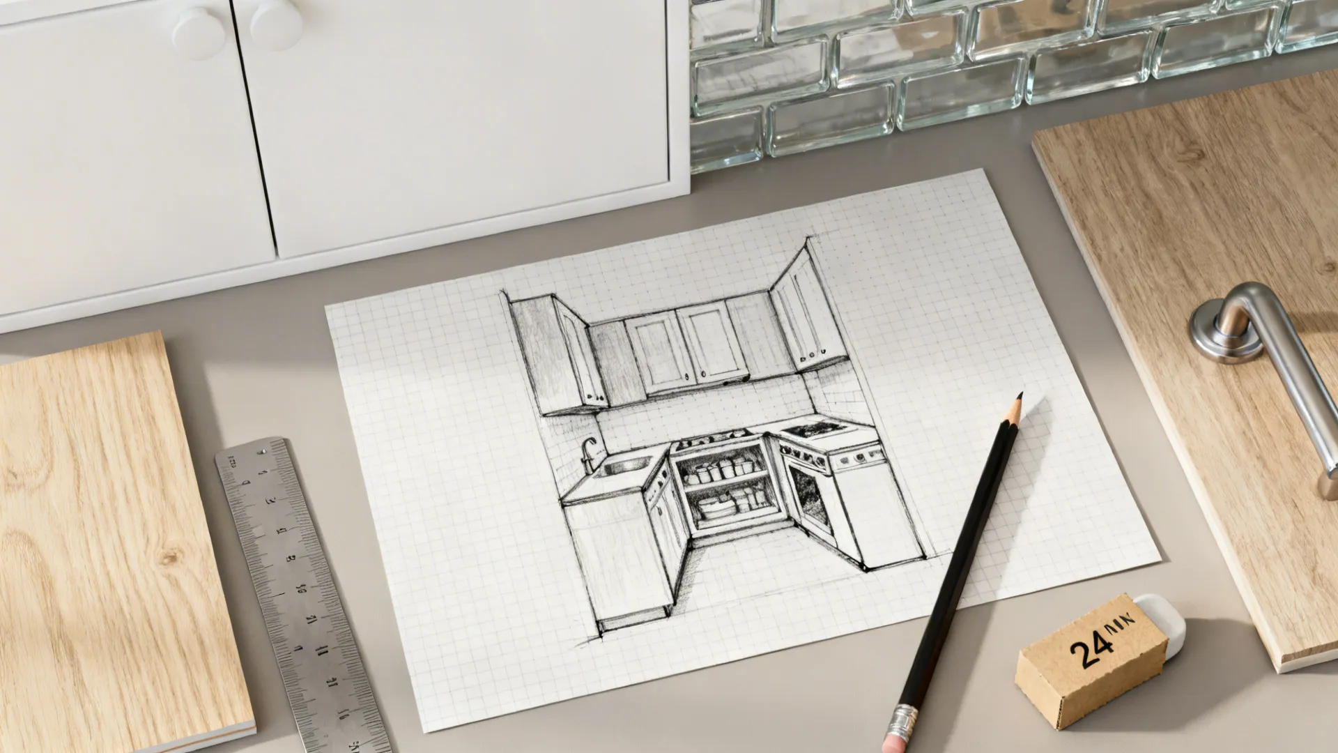 Top-down flatlay of graph paper sketch with appliance blocks and white, oak, and glass material samples.