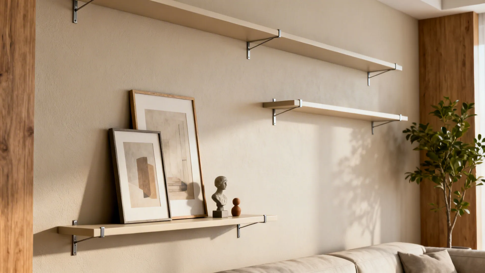 Minimalist floating wall shelves with framed pictures small bust statue and a green plant nearby