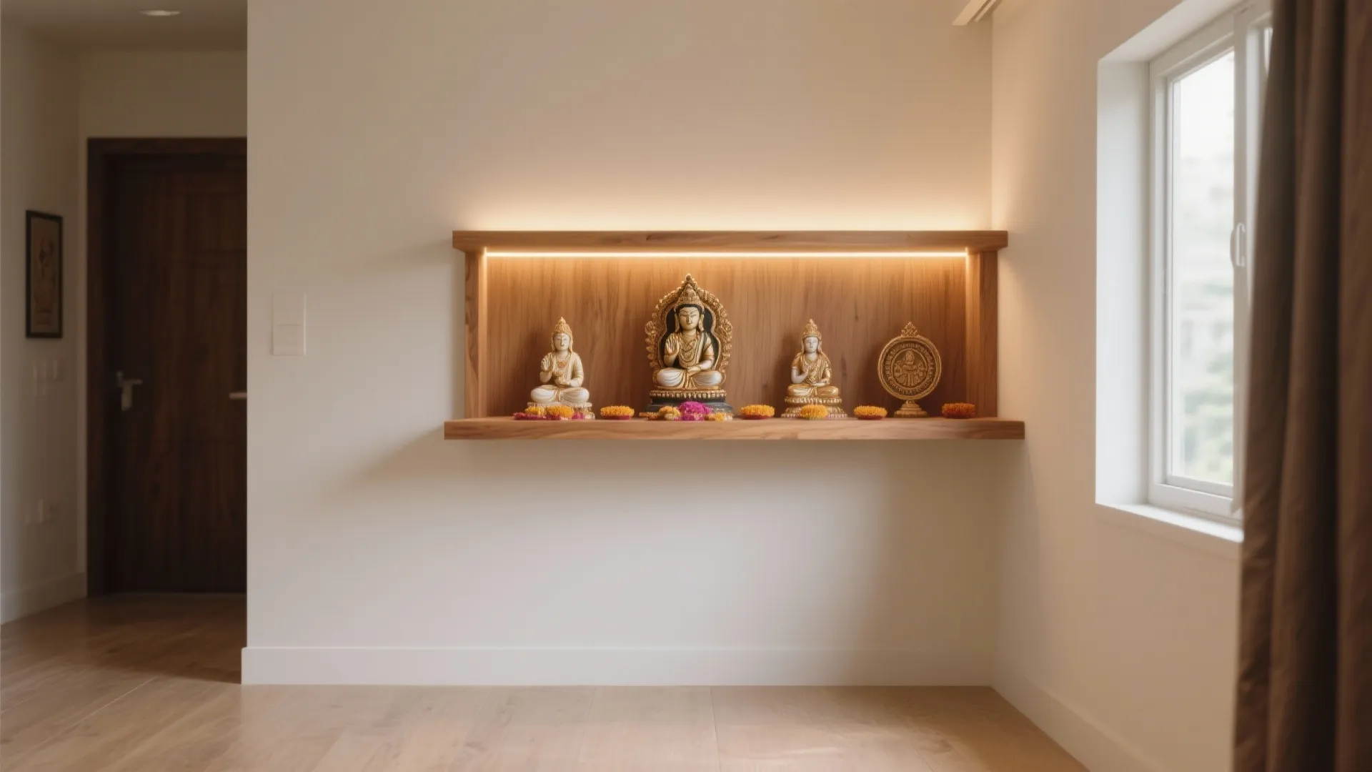 Minimal floating shelves in a small pooja corner with warm lighting