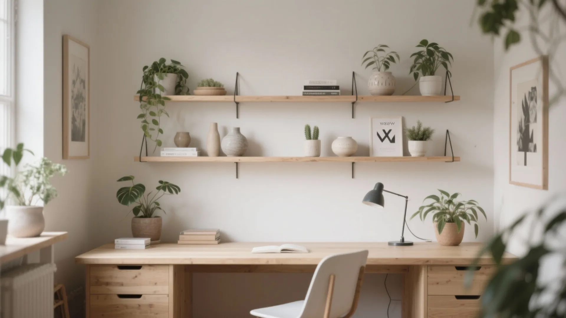 Minimalist home office with wooden desk, floating shelves, green plants, books, and a black desk lamp