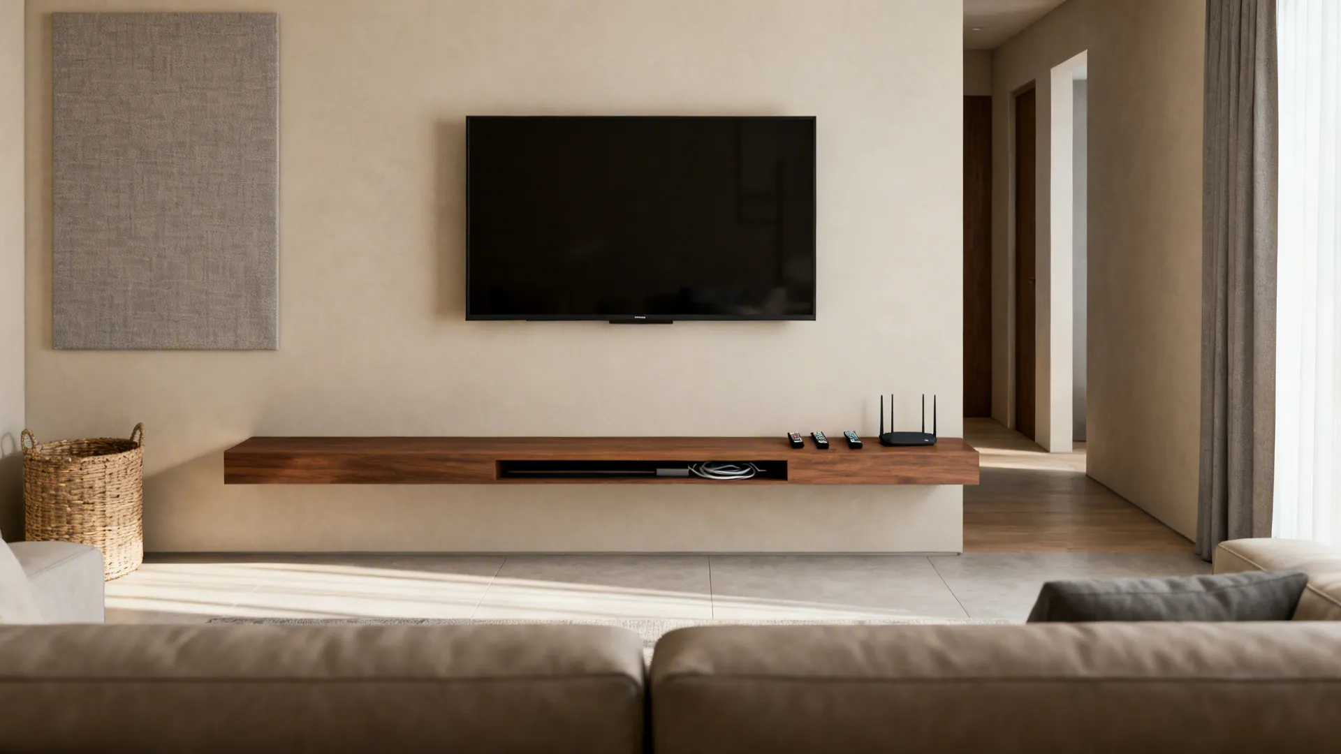 Minimal floating media wall with wall-mounted TV and slim oak console in a small living room.