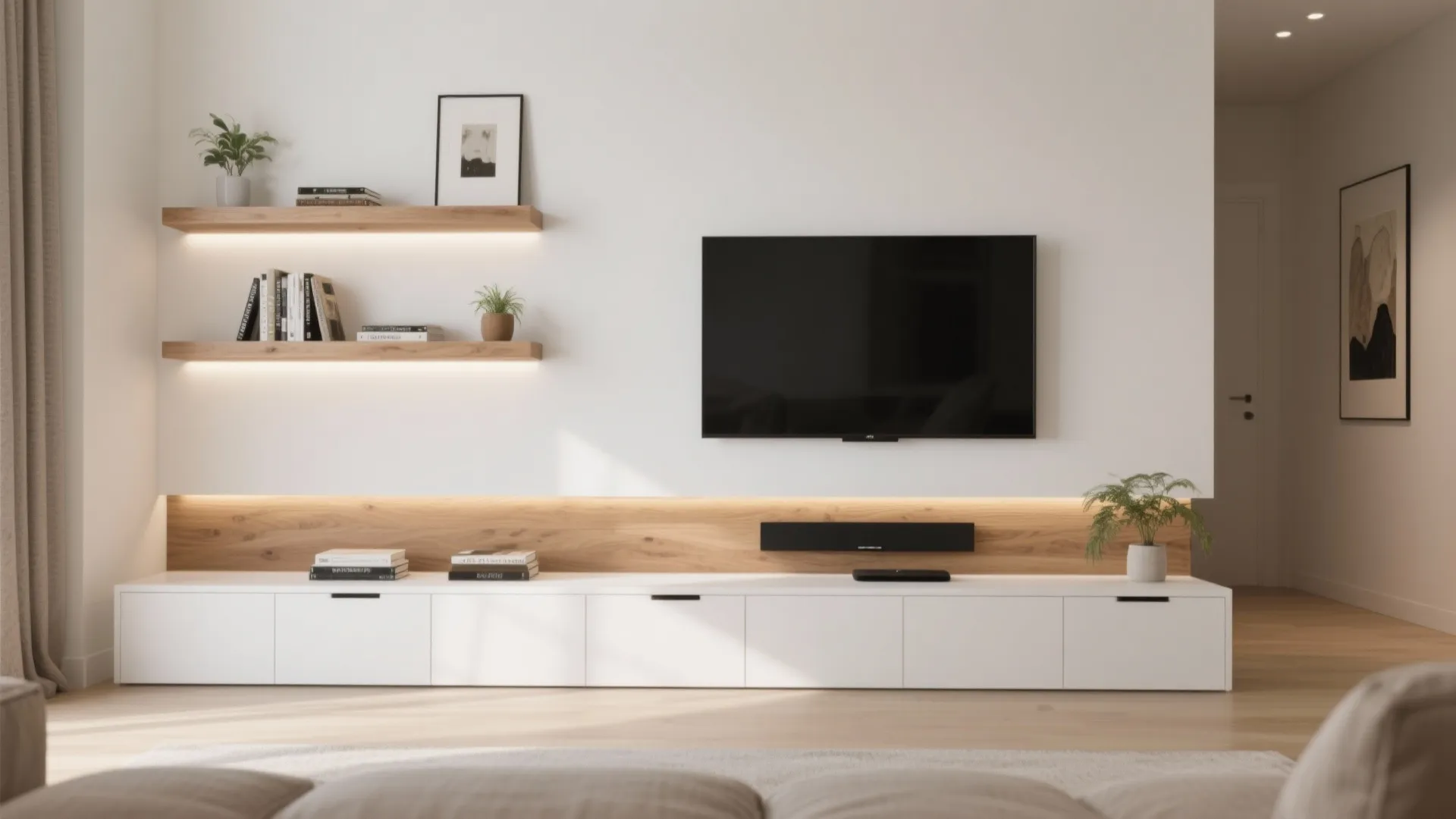 Minimalist wall unit with floating shelves
