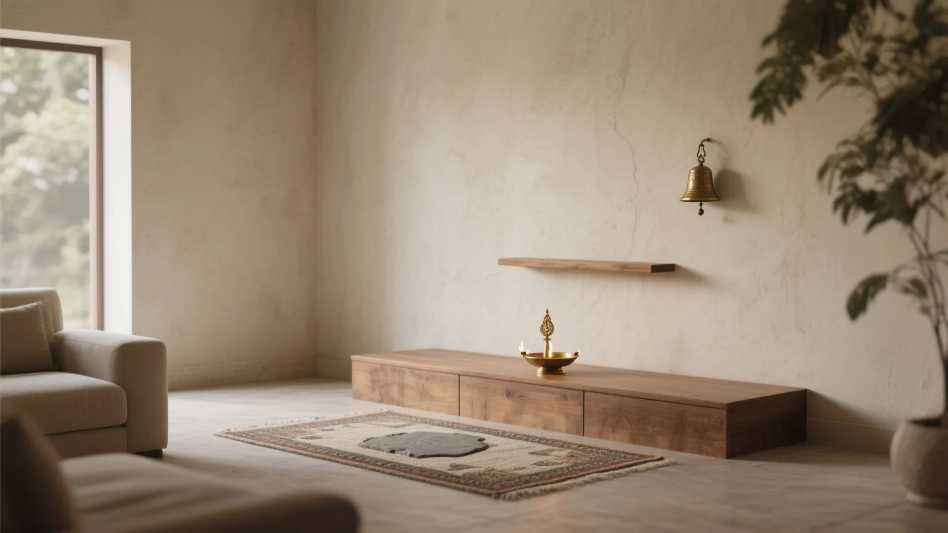 Floor-Set Minimal Mandir with Natural Materials