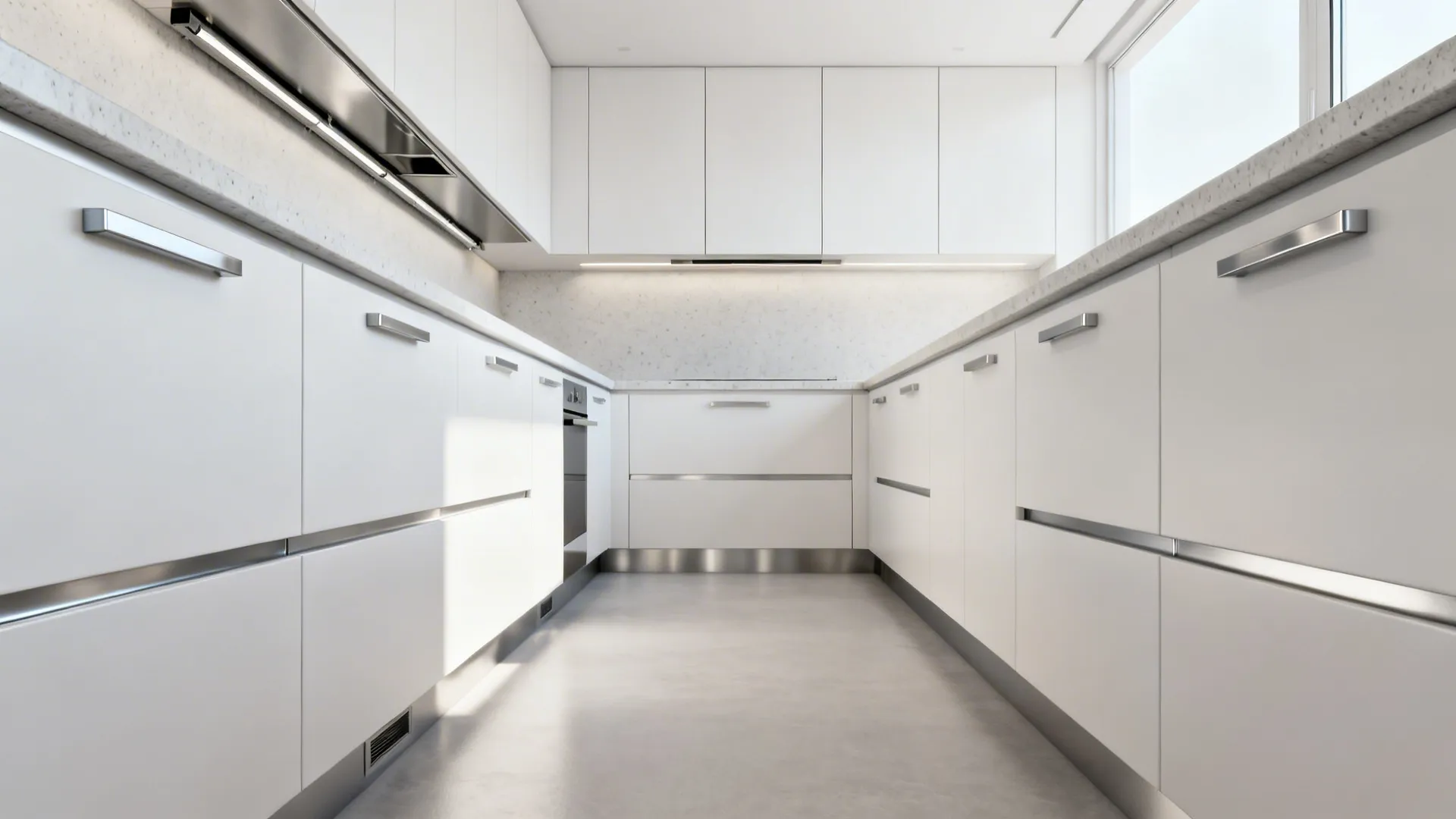 Minimalist galley kitchen with flat-panel fronts, integrated pulls, and a clear 1200 mm aisle.