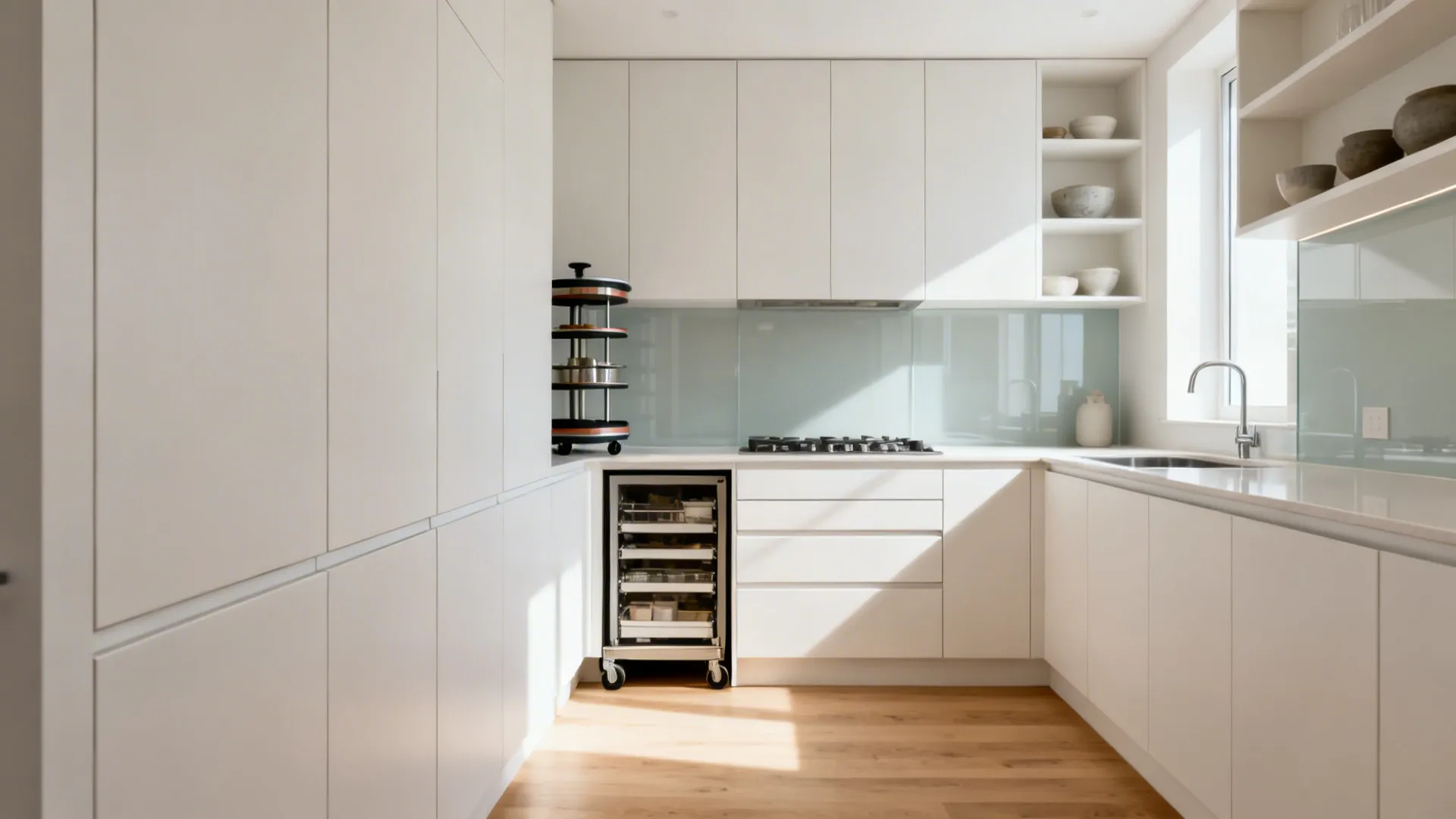 Compact U-shaped kitchen with handleless tall cabinets, deep drawers, and a slim pull-out pantry.