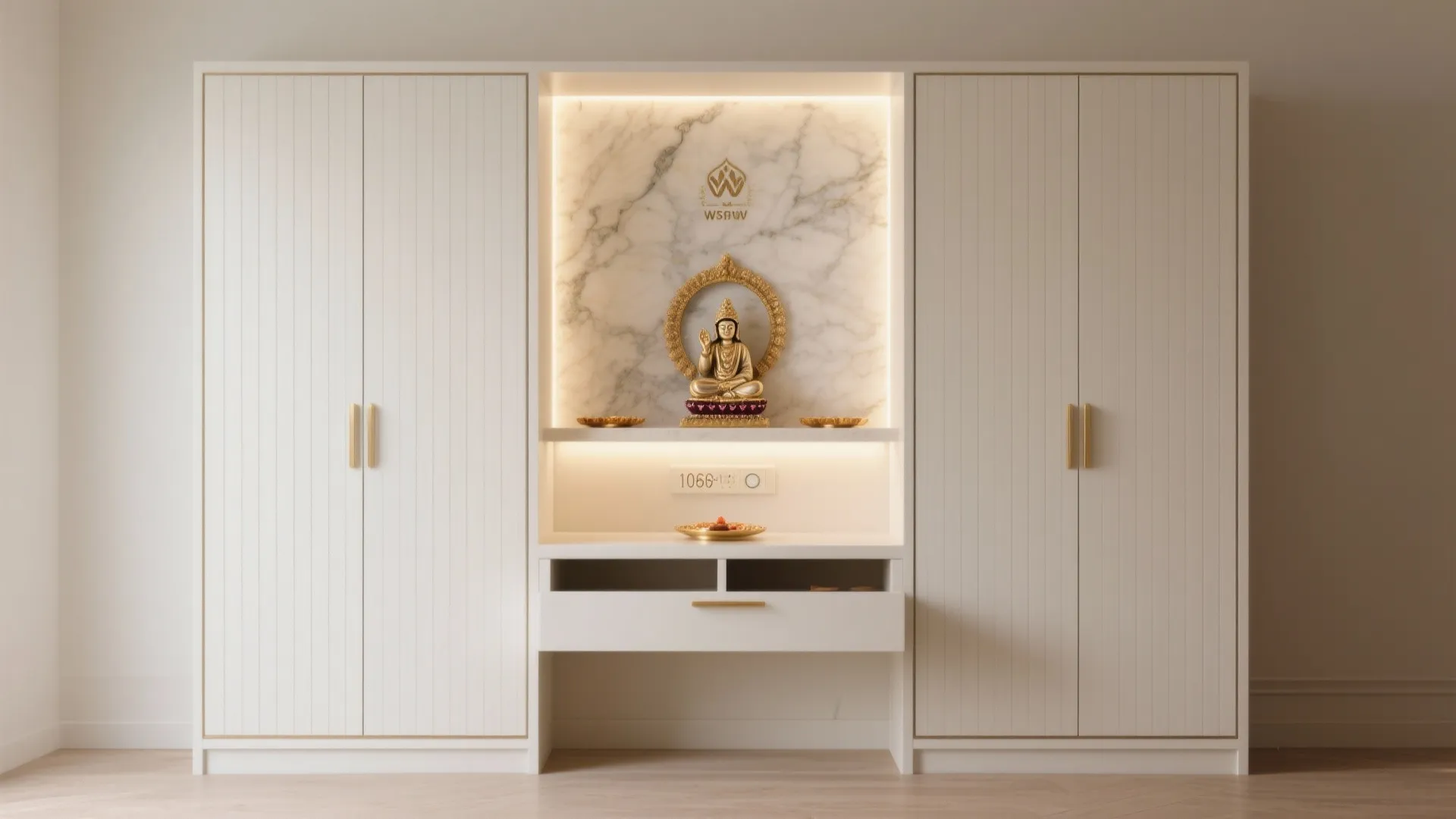 Minimalist Pooja Cupboard With Fluted Doors and Backlit Panel