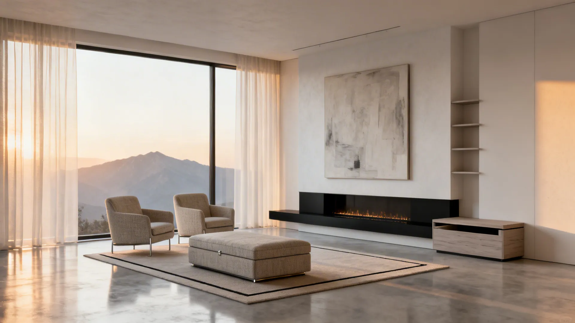 Minimalist living room with a single focal point and pared-back seating to emphasize space