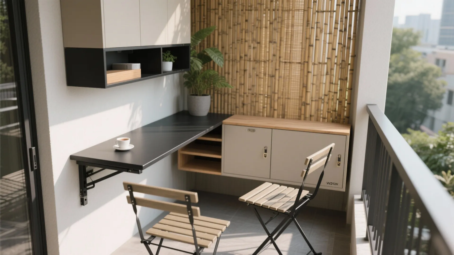 Minimalist balcony storage and folding furniture