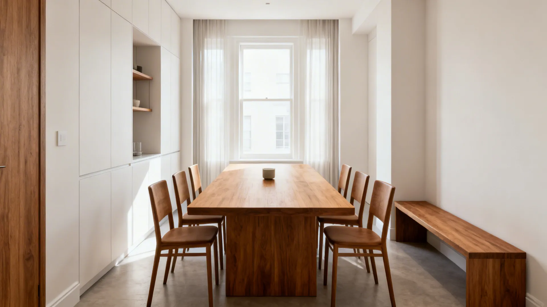 Slim rectangular 8-seat dining setup with armless chairs and a generous main aisle.