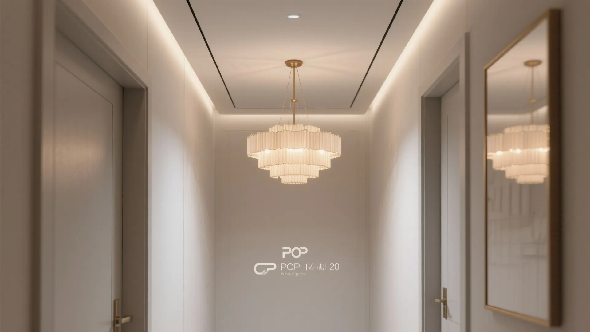 Small hall with a slim POP frame ceiling and a centered diffused chandelier.