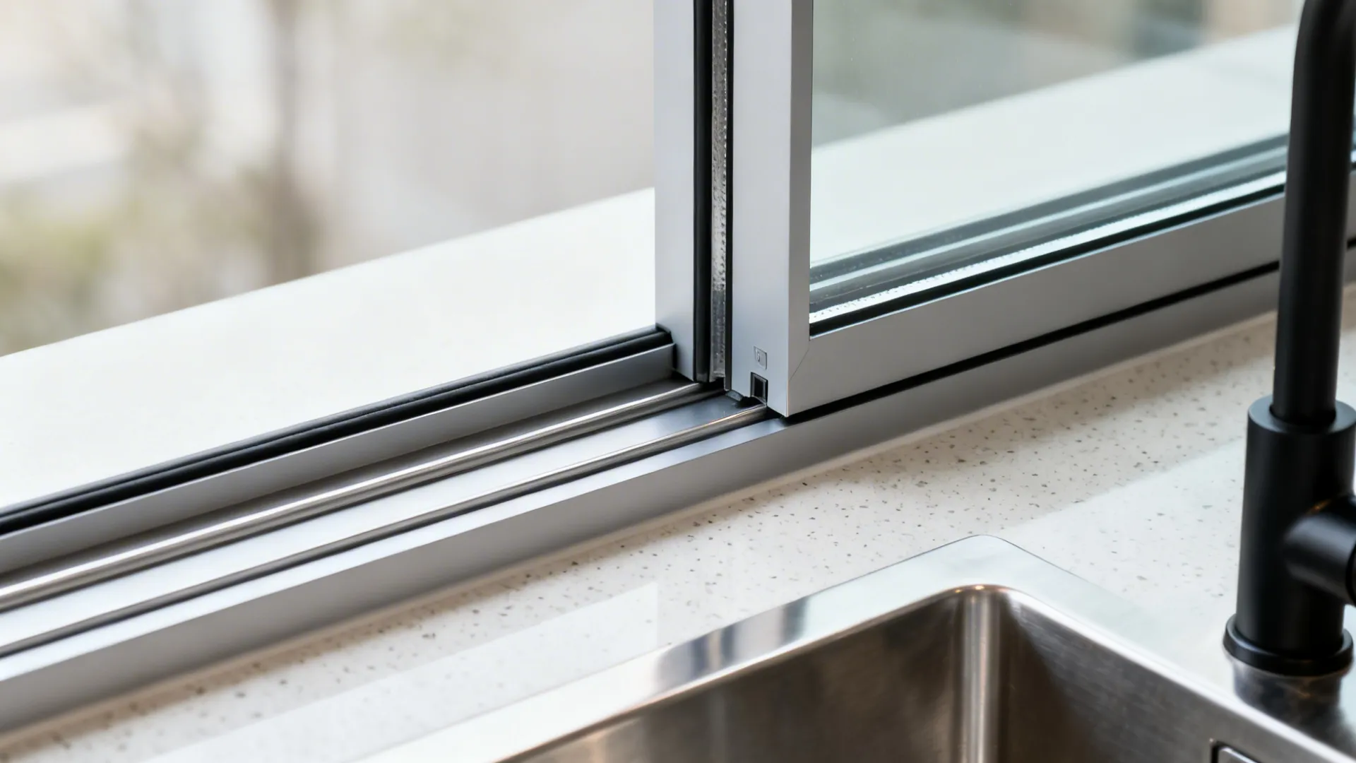 Close up view of a silver sliding glass window frame installed on a white stone countertop