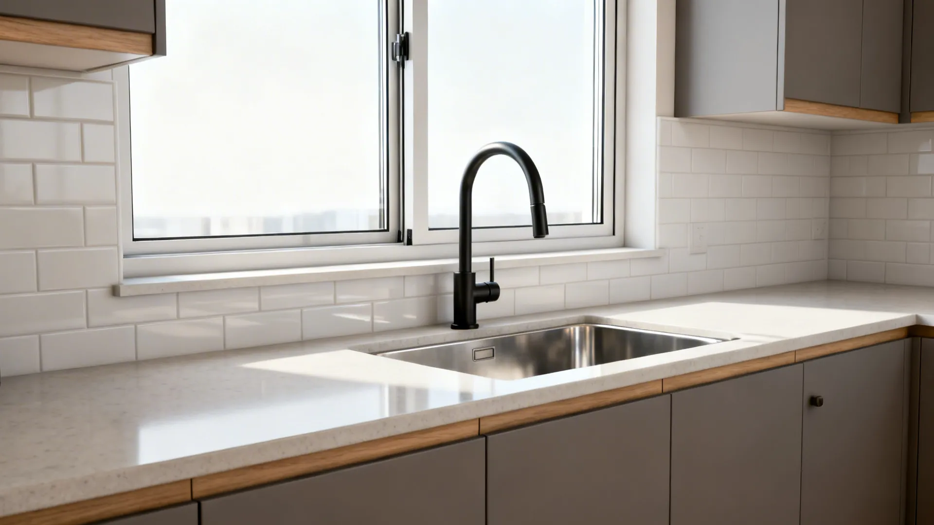 Black kitchen faucet and stainless steel sink with white wall tiles under a bright window