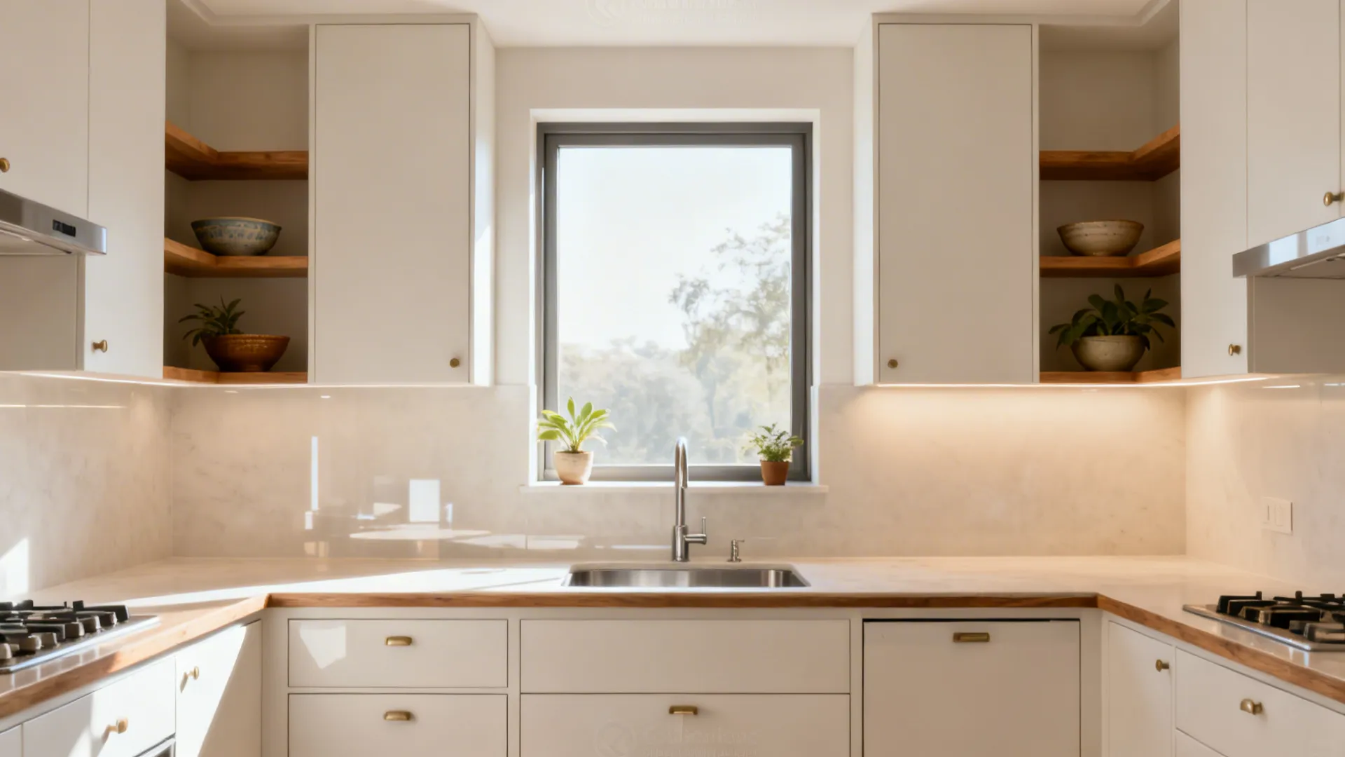Minimalist cabinets and shallow open shelves framing a centered kitchen window.