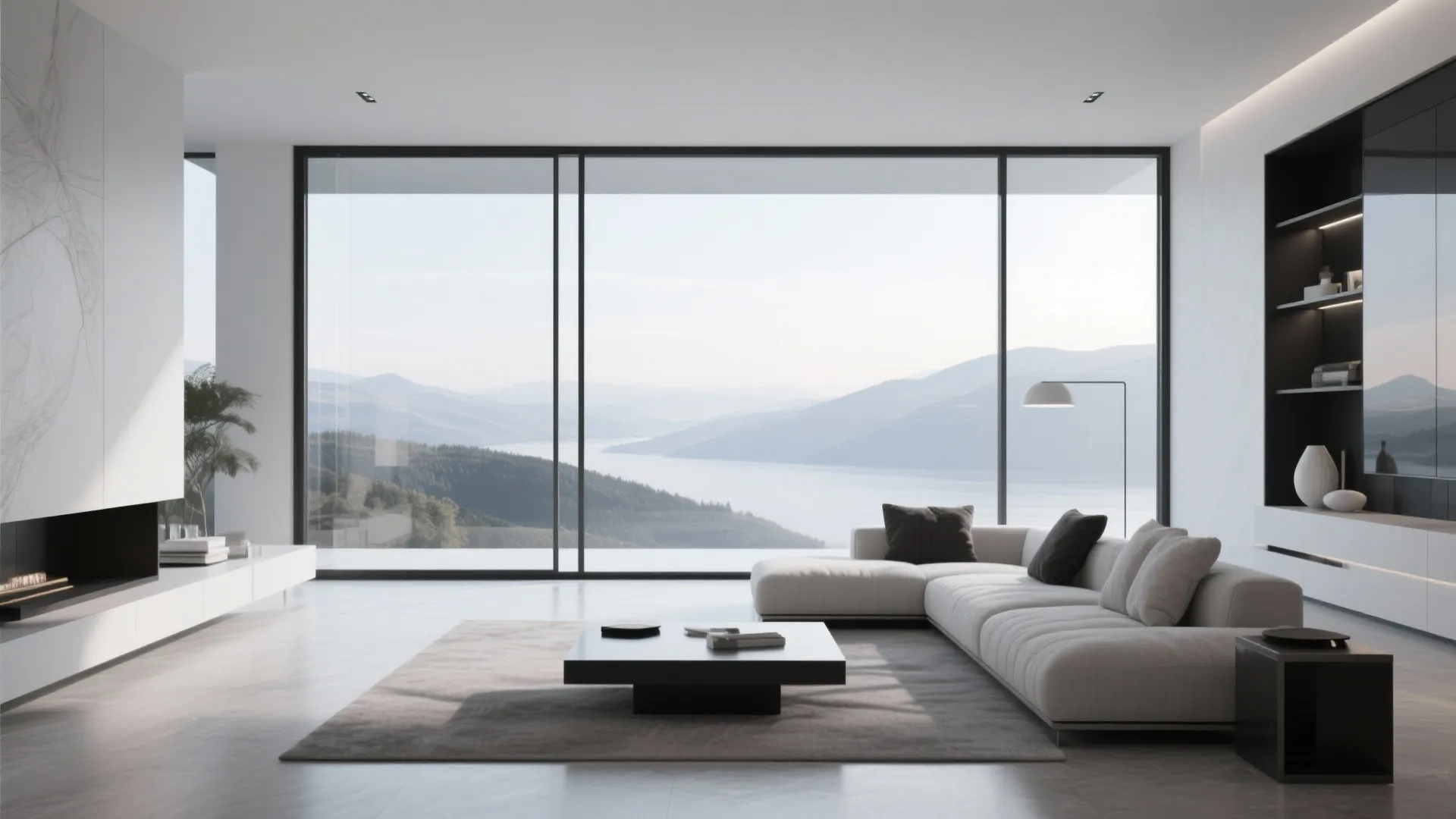 Minimalist living room with large glass windows mountain view white sofa and grey carpet floor design