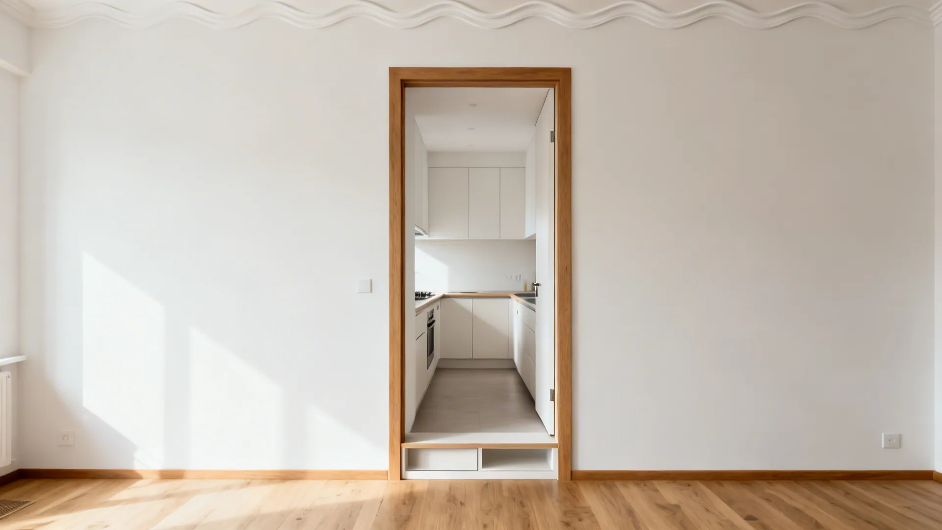 Slimly framed kitchen opening with concealed shallow storage creating a calm threshold.
