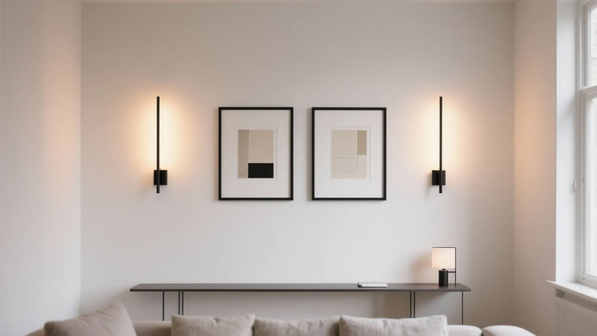 Minimalist living room wall featuring two framed art prints between two slim black wall lights
