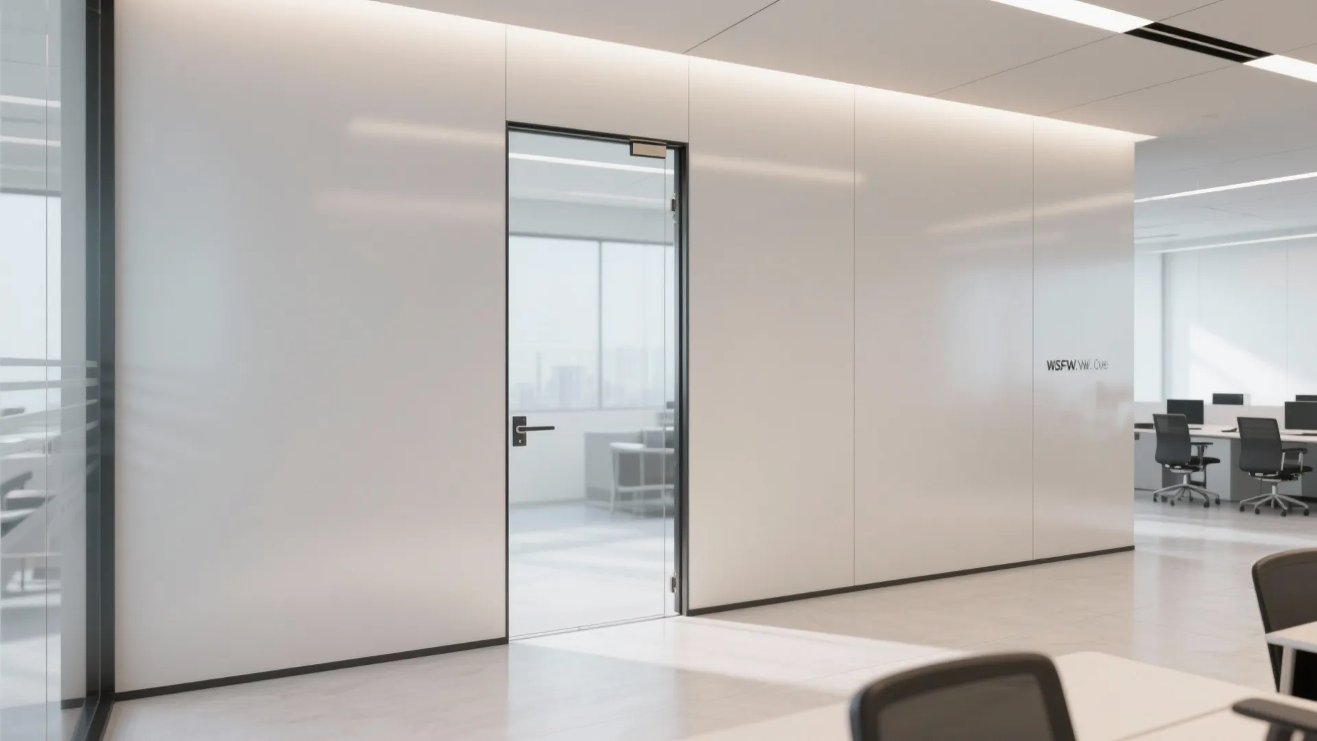 Clean white office wall with glass door leading into a bright workspace with several desks