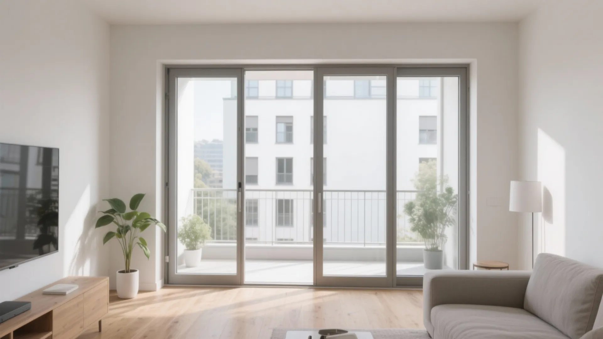 Bright living room with grey sofa wooden floor and large glass doors leading to balcony