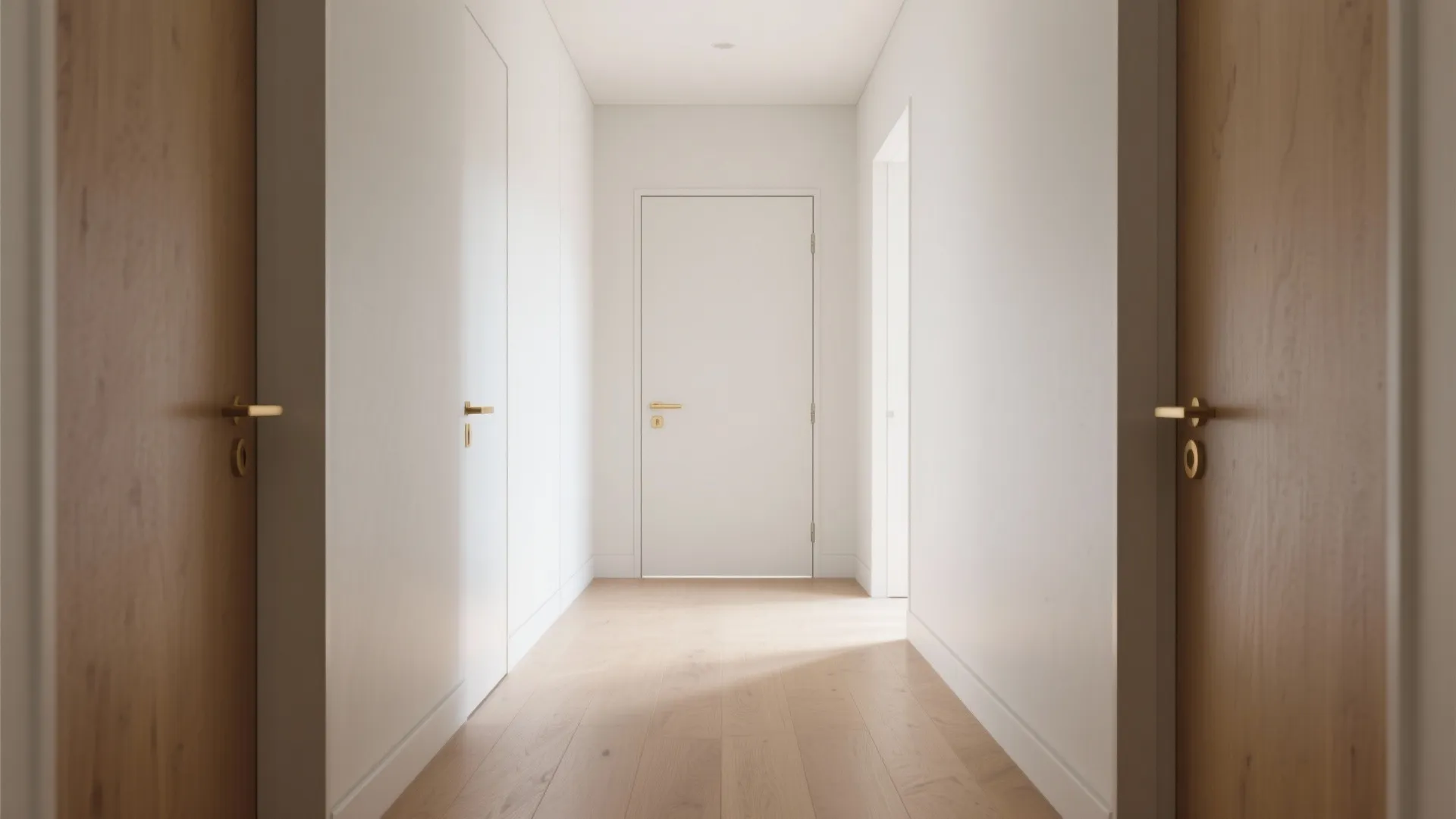 Minimalist white hallway with wooden doors on sides and a white door at the end