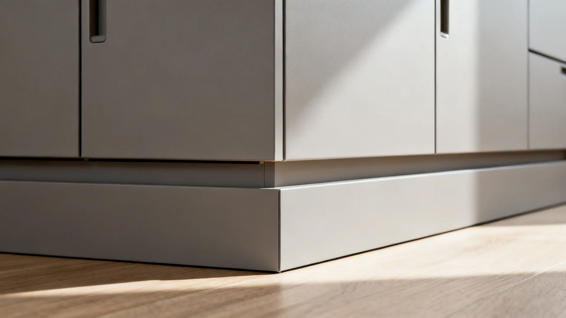 Close up of a modern grey kitchen cabinet base with clean lines and light wood flooring