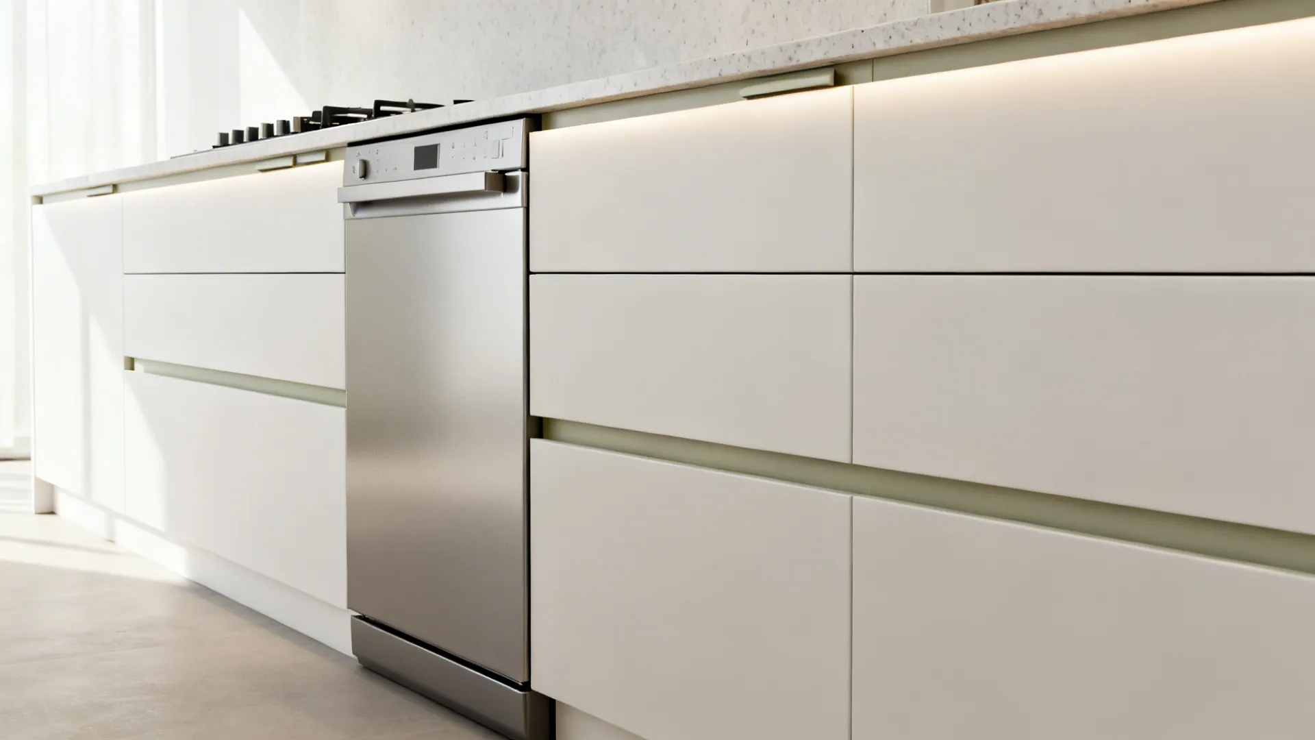 Close up of white kitchen cabinets with silver dishwasher under a white stone work top