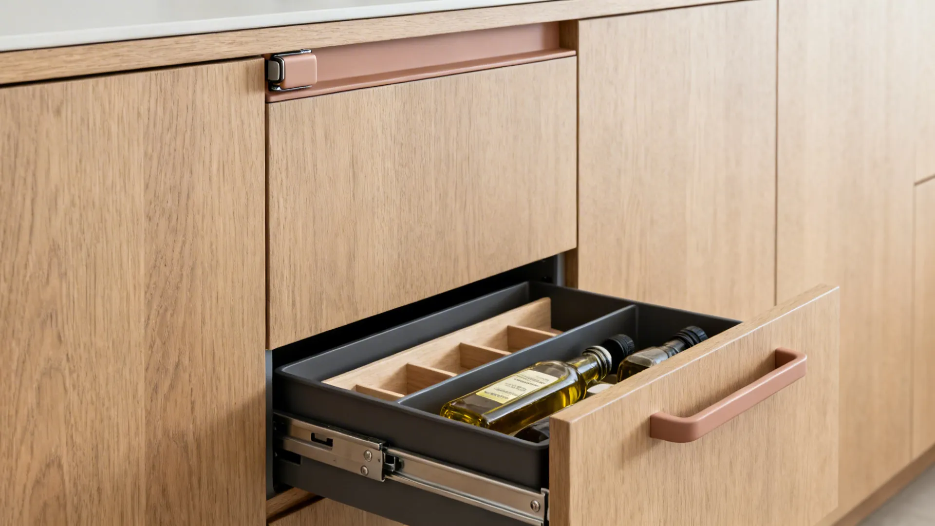 Macro view of matte beech slab cabinet with hidden pull-out organizer and edge pull.