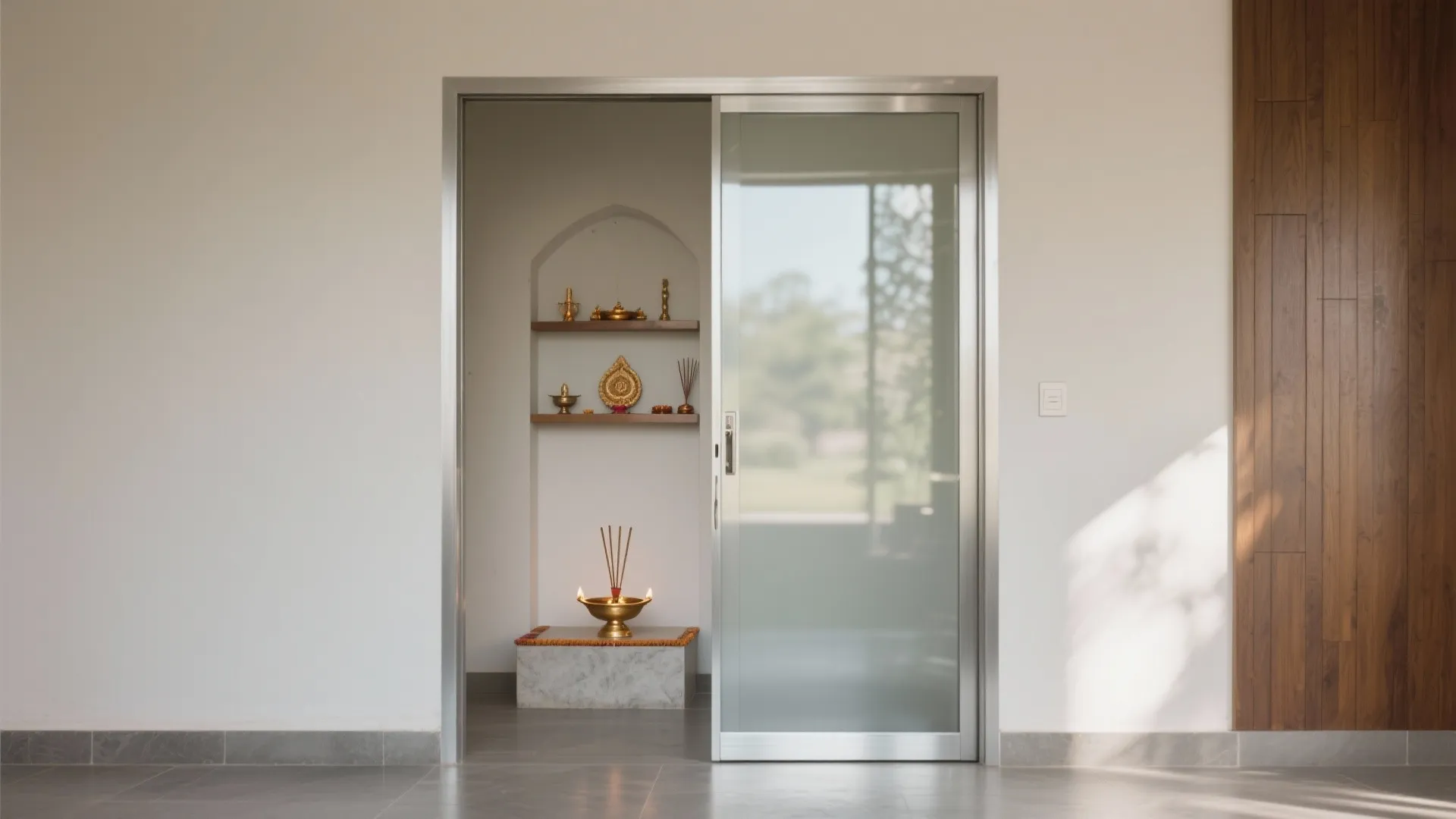 Frosted glass sliding door leading to a small room with white walls and wooden wall panel