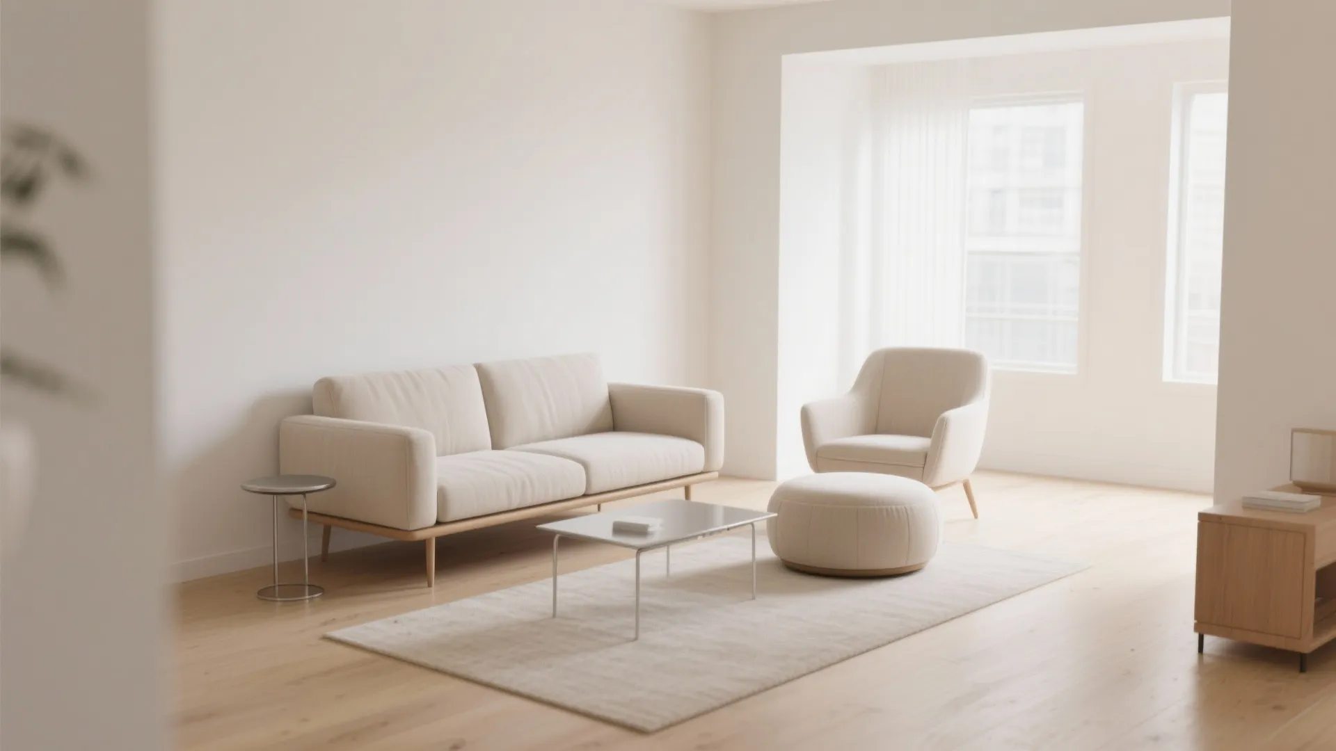 Minimalist bright living room with beige sofa armchair footrest coffee table rug and white walls