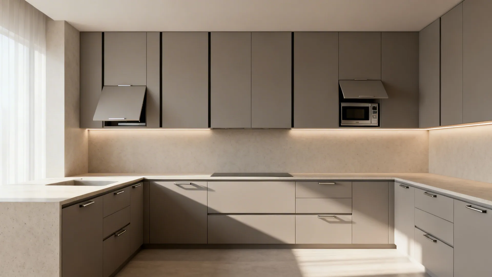 Minimalist G-shaped kitchen with handleless matte gray cabinets and concealed small appliances.