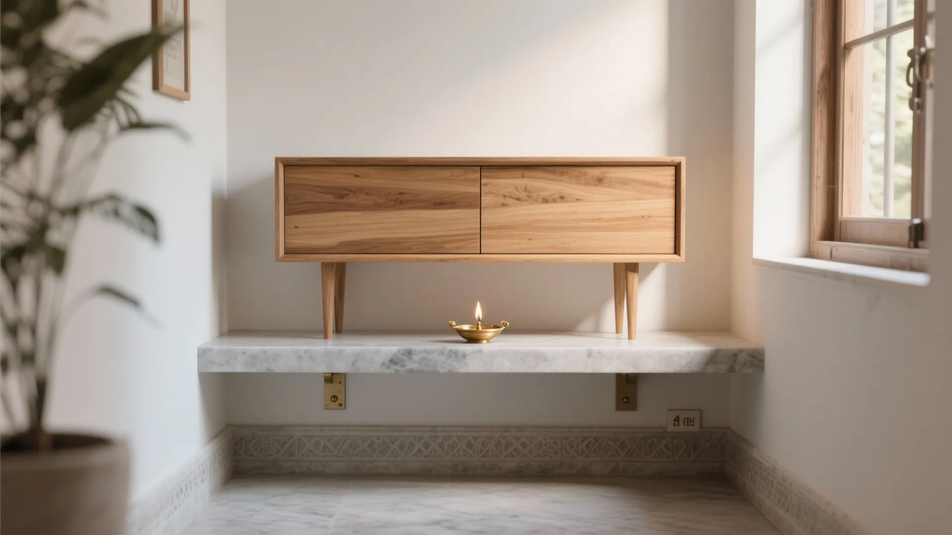 Wooden cabinet sitting on a marble shelf with a small lit oil lamp and plant