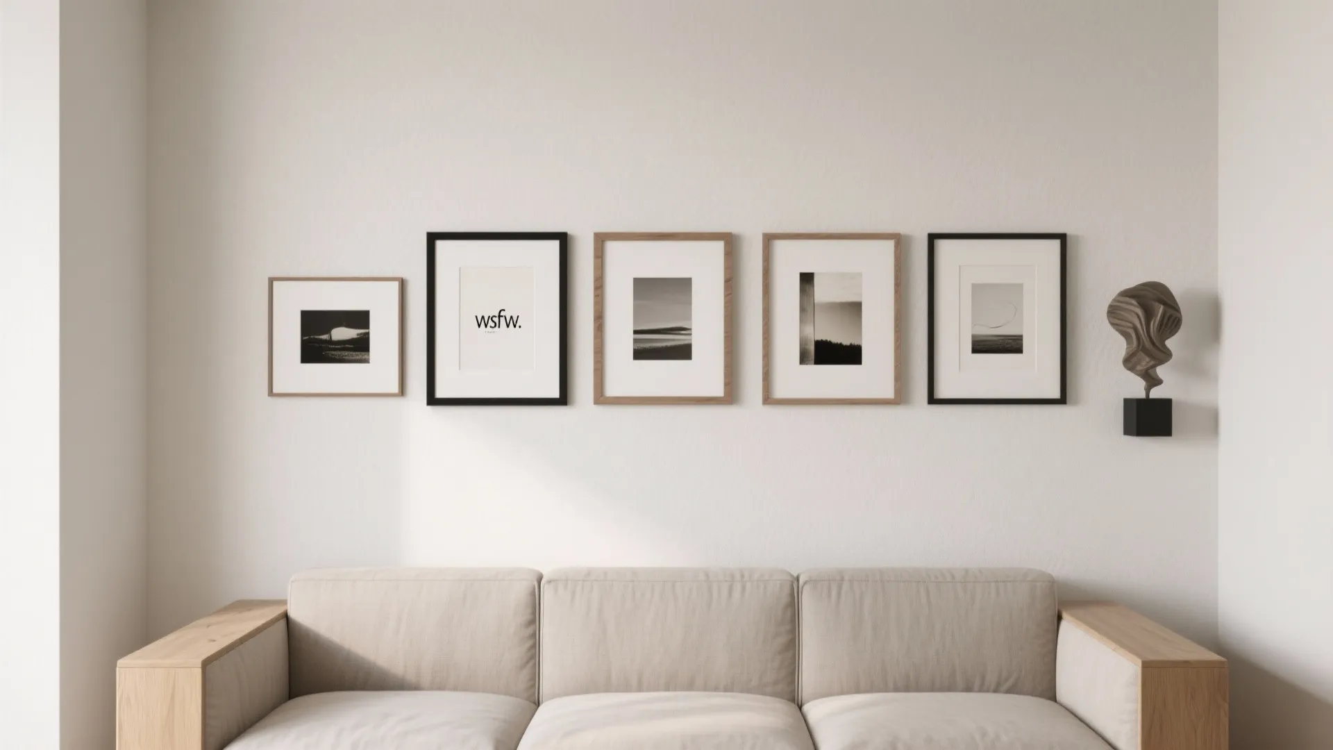 1) Minimal gallery wall with sculptural balance