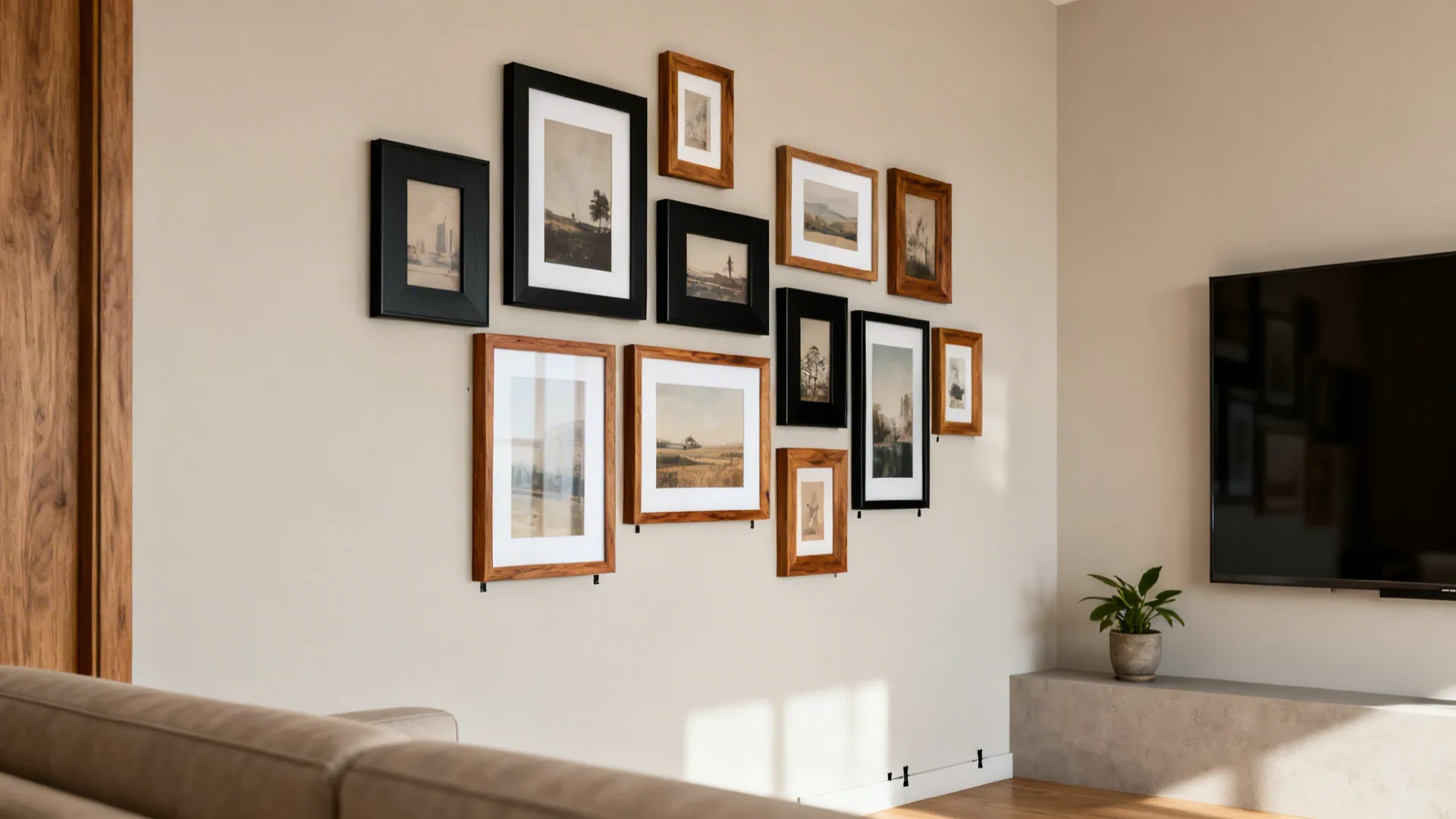 Tight-grid gallery wall with black and oak frames in a small neutral living room.