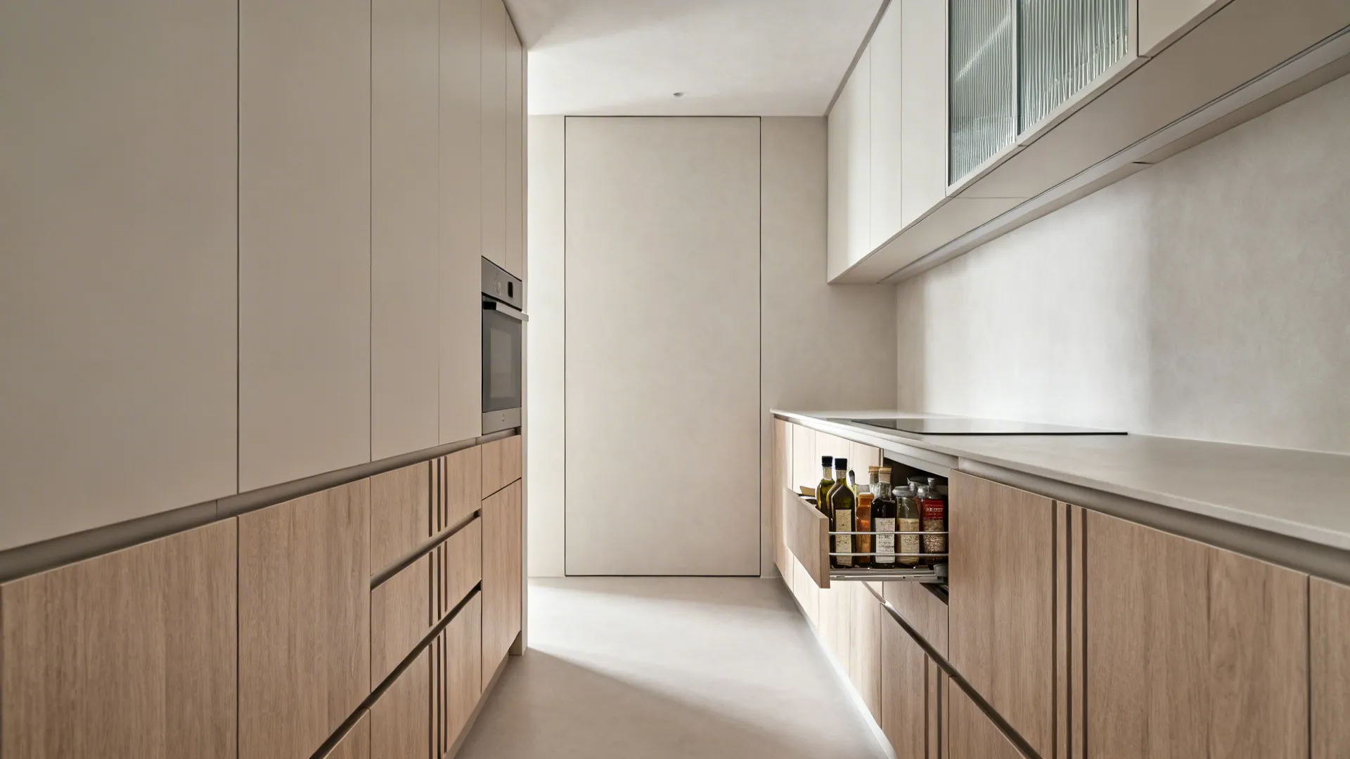 Minimalist handleless galley kitchen with tall greige uppers, oak base drawers, and slim pull-out storage.