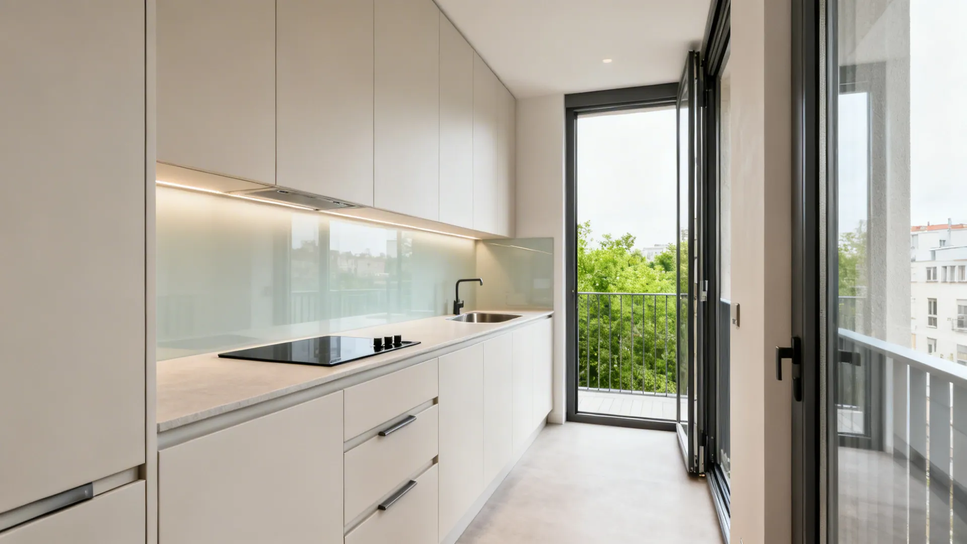 Minimalist balcony galley with shallow base cabinets, matte light fronts, and a slim induction cooktop.