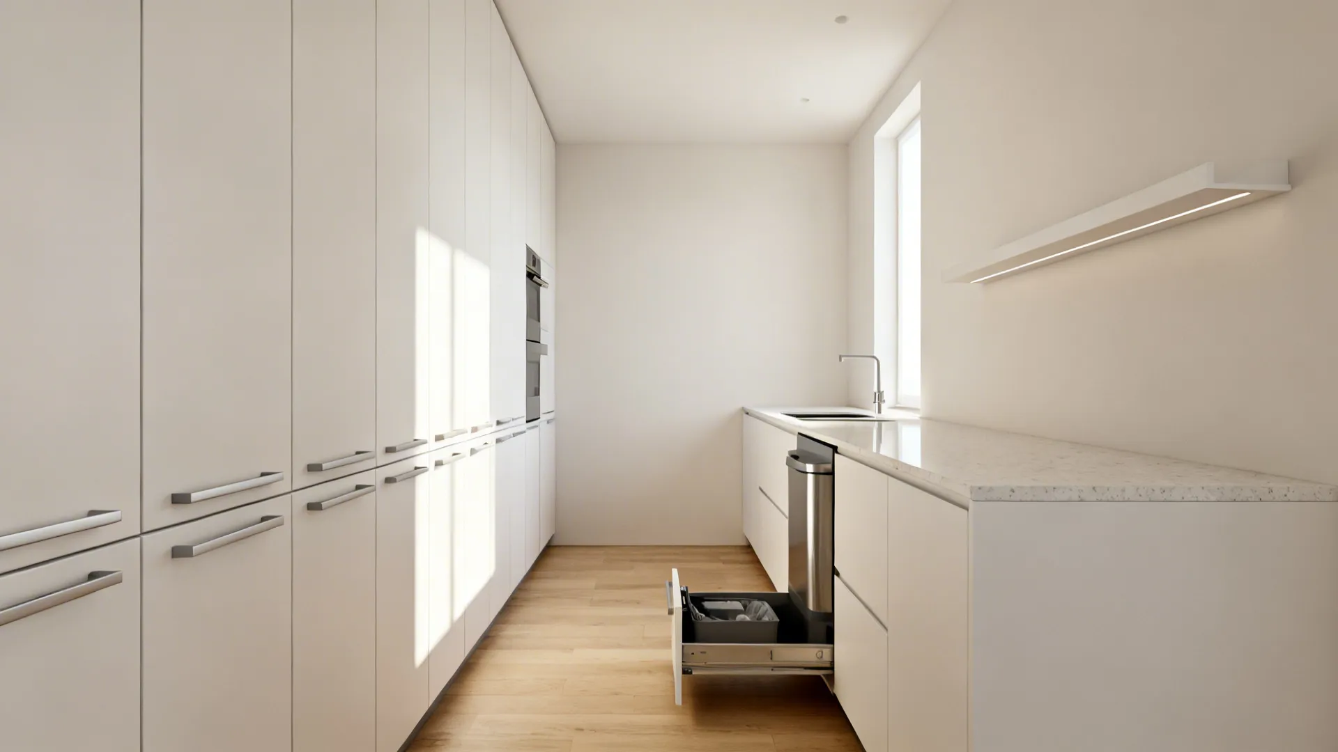 Minimalist galley kitchen with tall pantry on one side and no uppers on the other for airy sightlines.